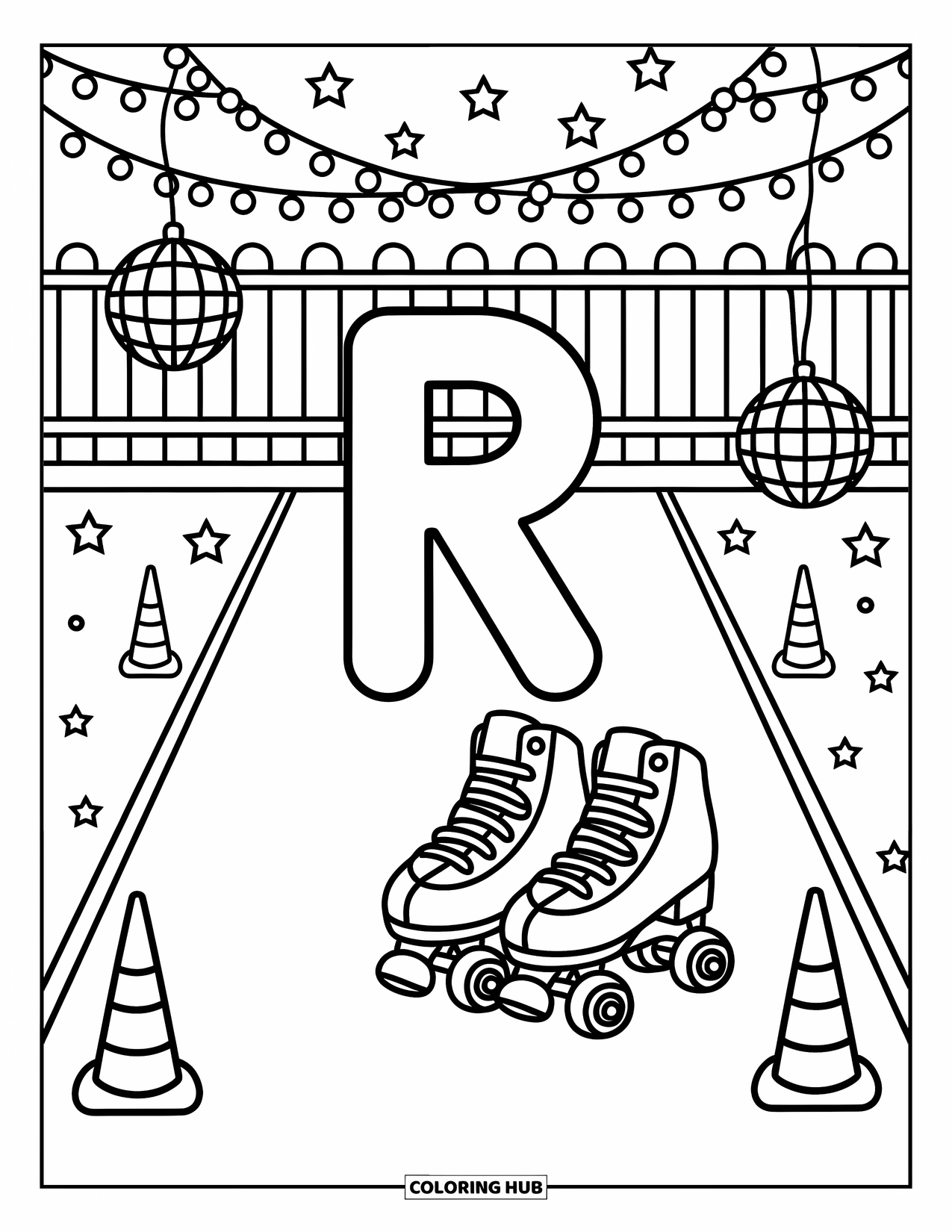 Letter R Coloring Page for Adults: R stands at the center of a roller rink with skates and string lights