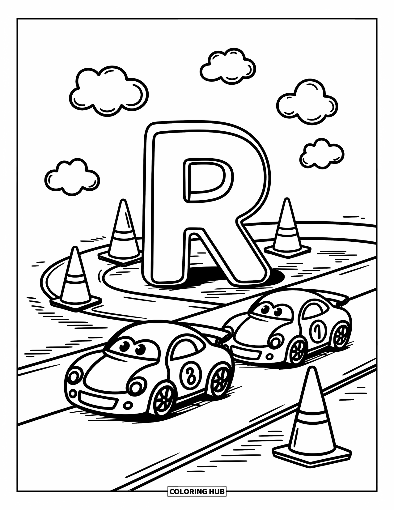 Letter R Coloring Page for Adults: R stands in the center of a mini race track with two zooming cars