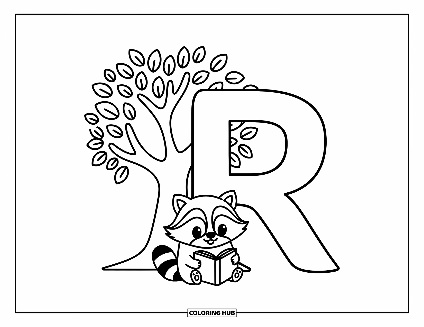 Letter R Coloring Page for Adults: R stands near a leafy tree while a raccoon reads beneath it