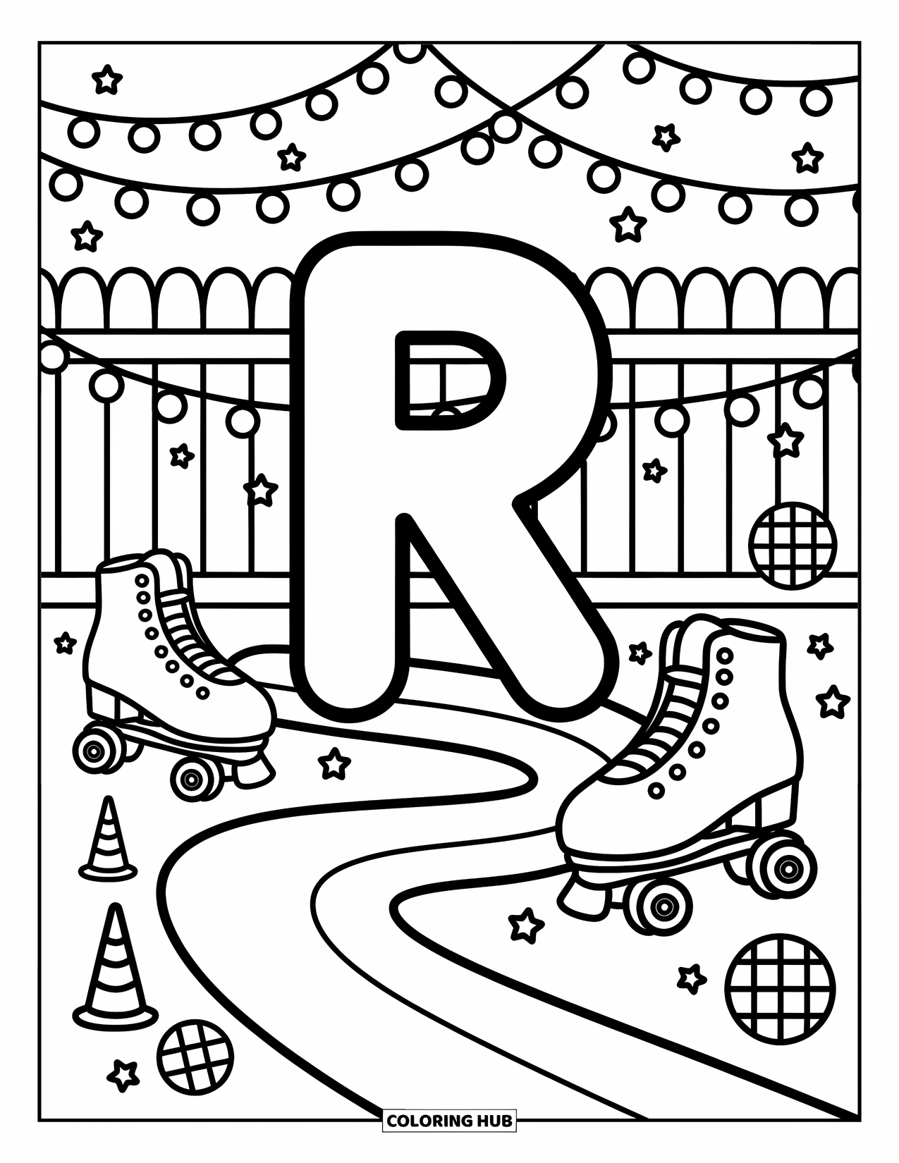 Letter R Coloring Page for Adults: Skates, string lights, and a twinkling sky surround a bold R in the rink