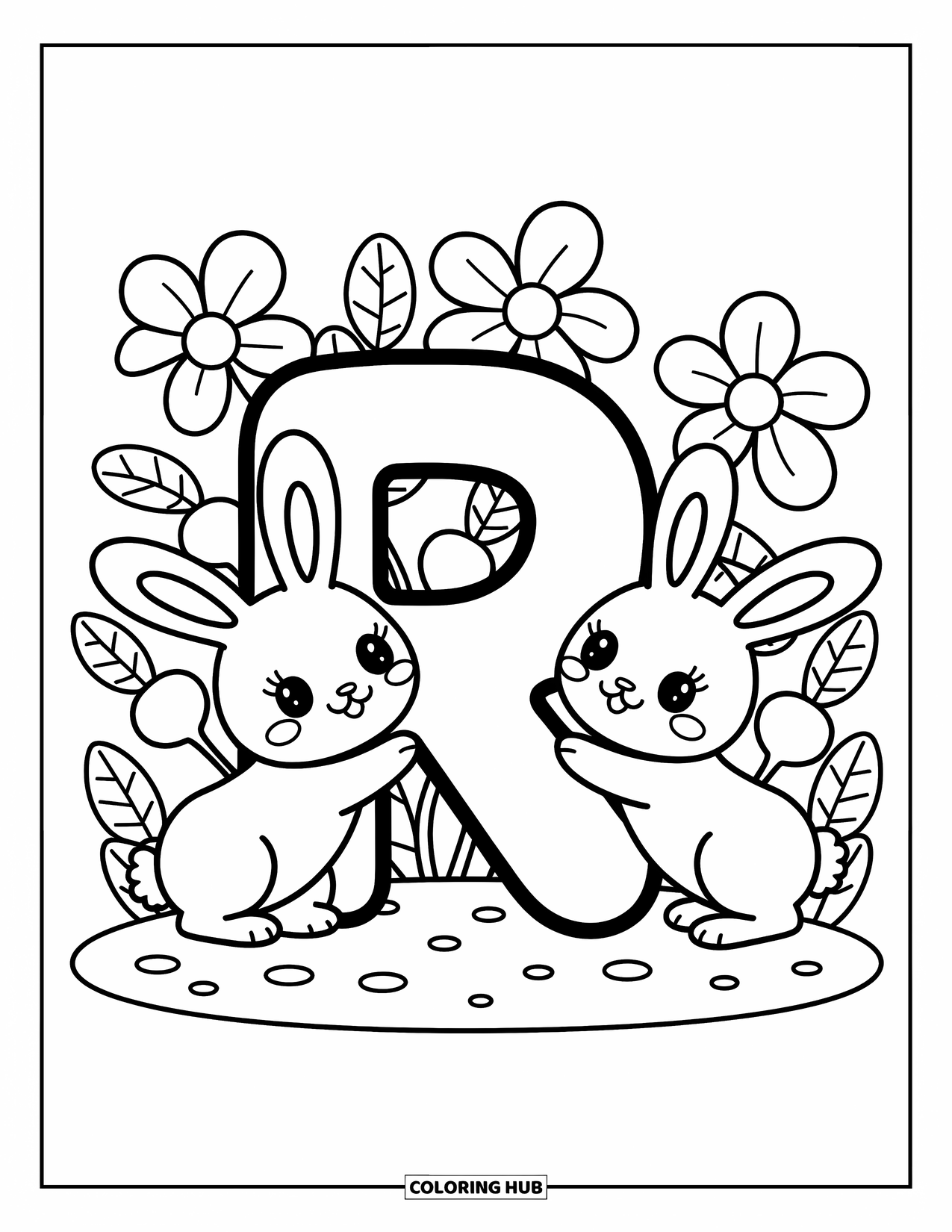 Letter R Coloring Page for Adults: The letter R is hugged by rabbits with radishes and dotted flowers nearby