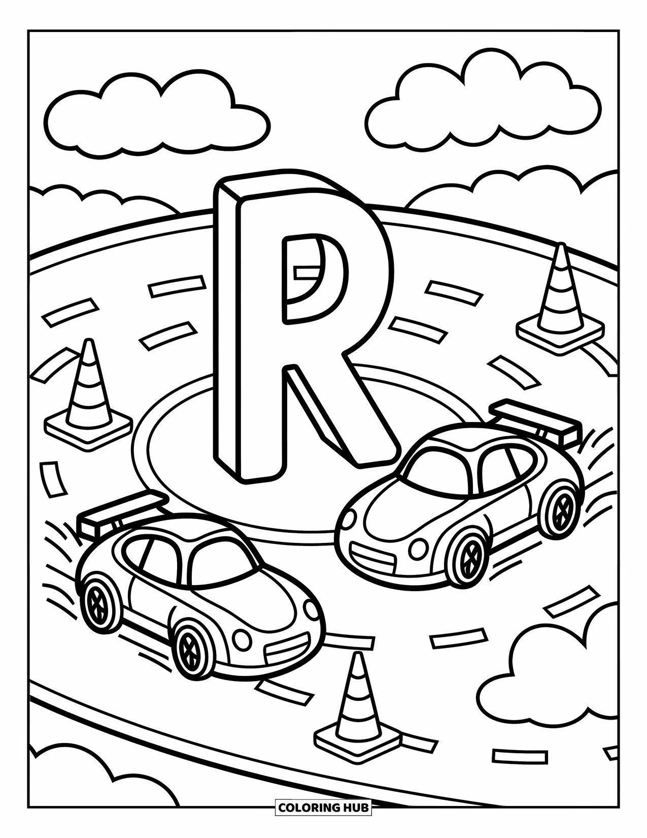 Letter R Coloring Page for Adults: The letter R is surrounded by race cars on a playful mini track