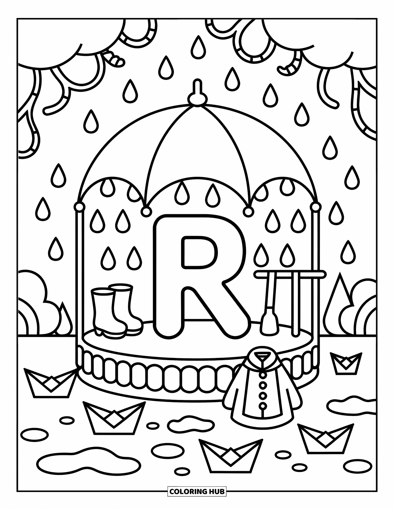 Letter R Coloring Page for Adults: The letter R rests inside an umbrella dome with raindrops, boots, and puddles