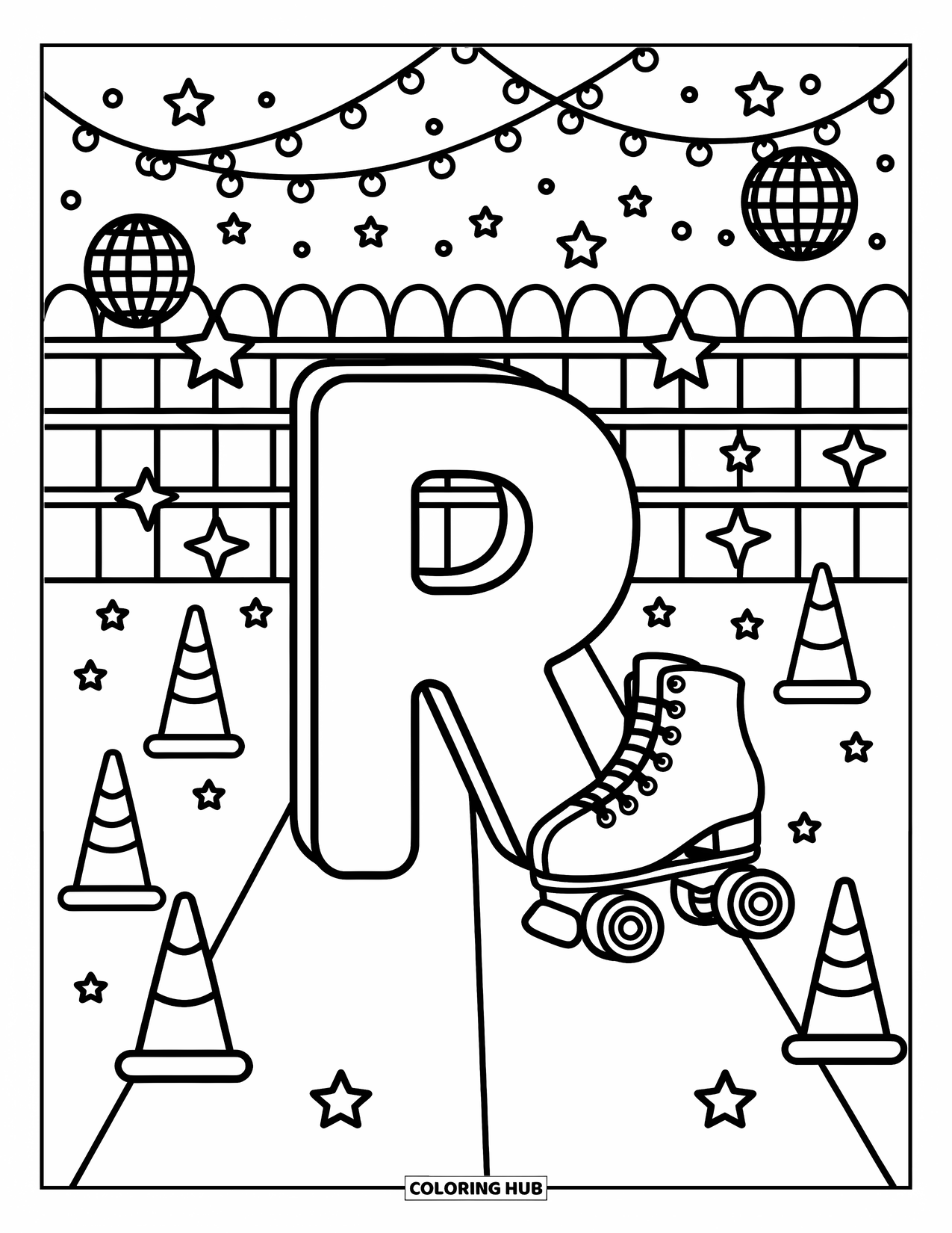 Letter R Coloring Page for Adults: The letter R shines in a roller rink with disco balls and cozy details