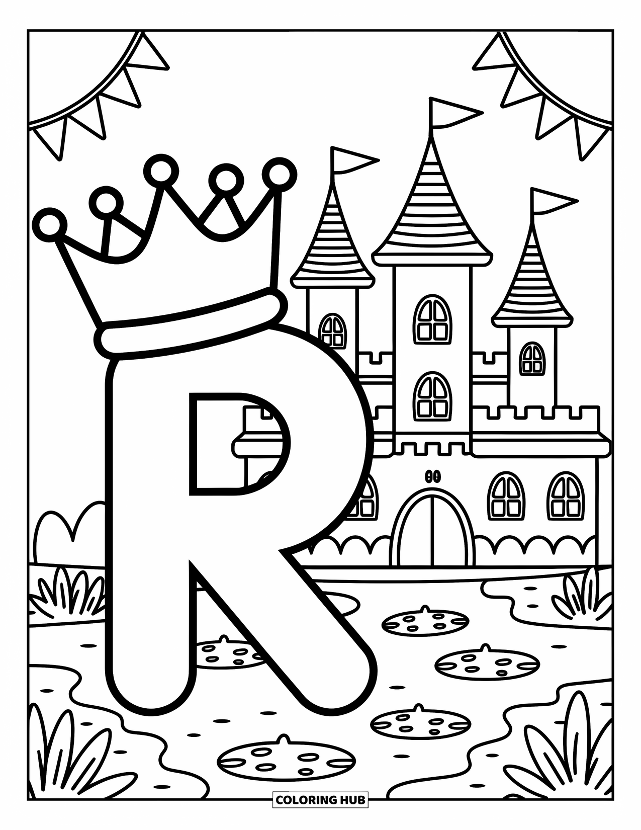 Letter R Coloring Page for Adults: The letter R wears a crown near a cozy castle and fluttering banners