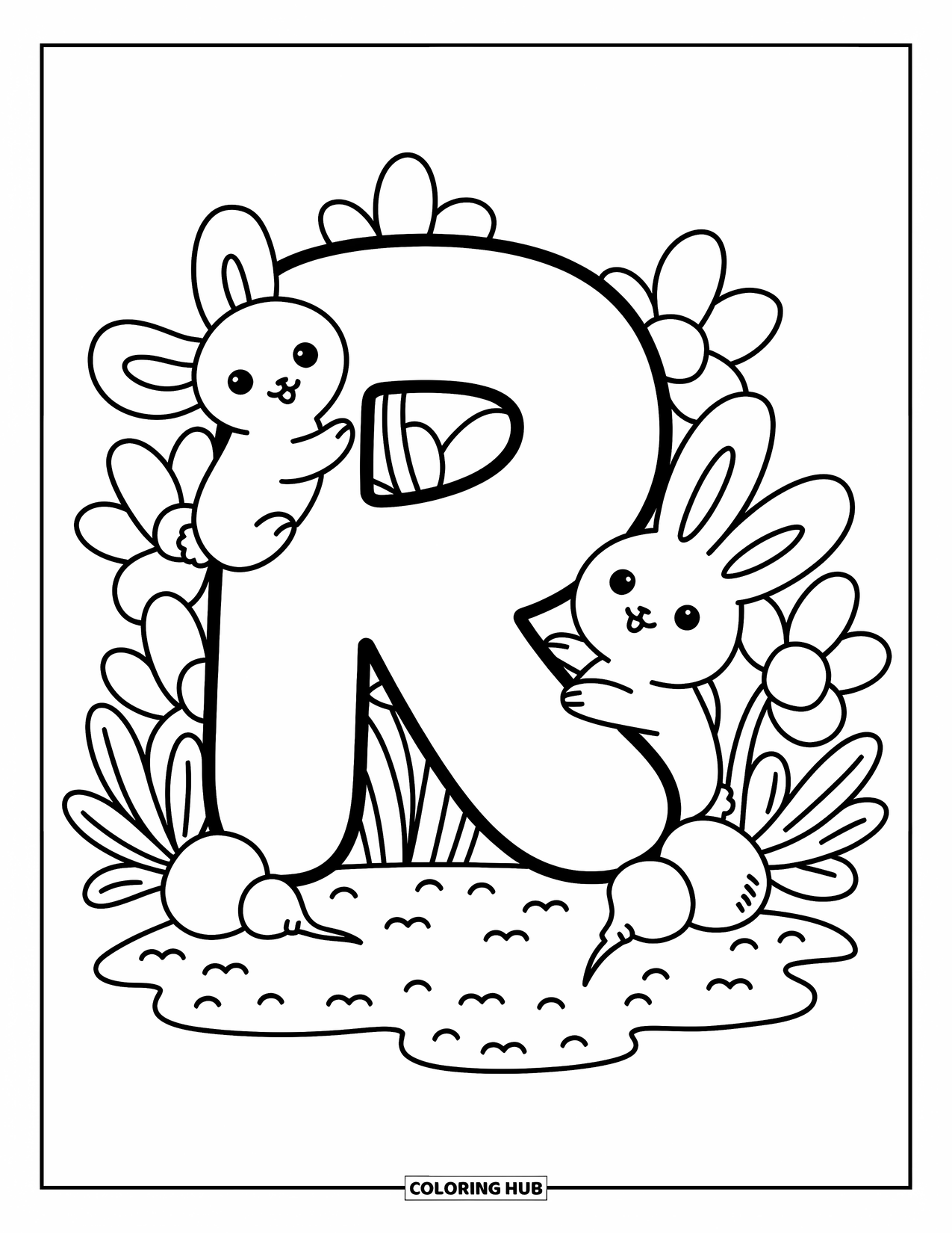 Letter R Coloring Page for Adults: Two bunnies hug and hop around R, surrounded by radishes and big flowers