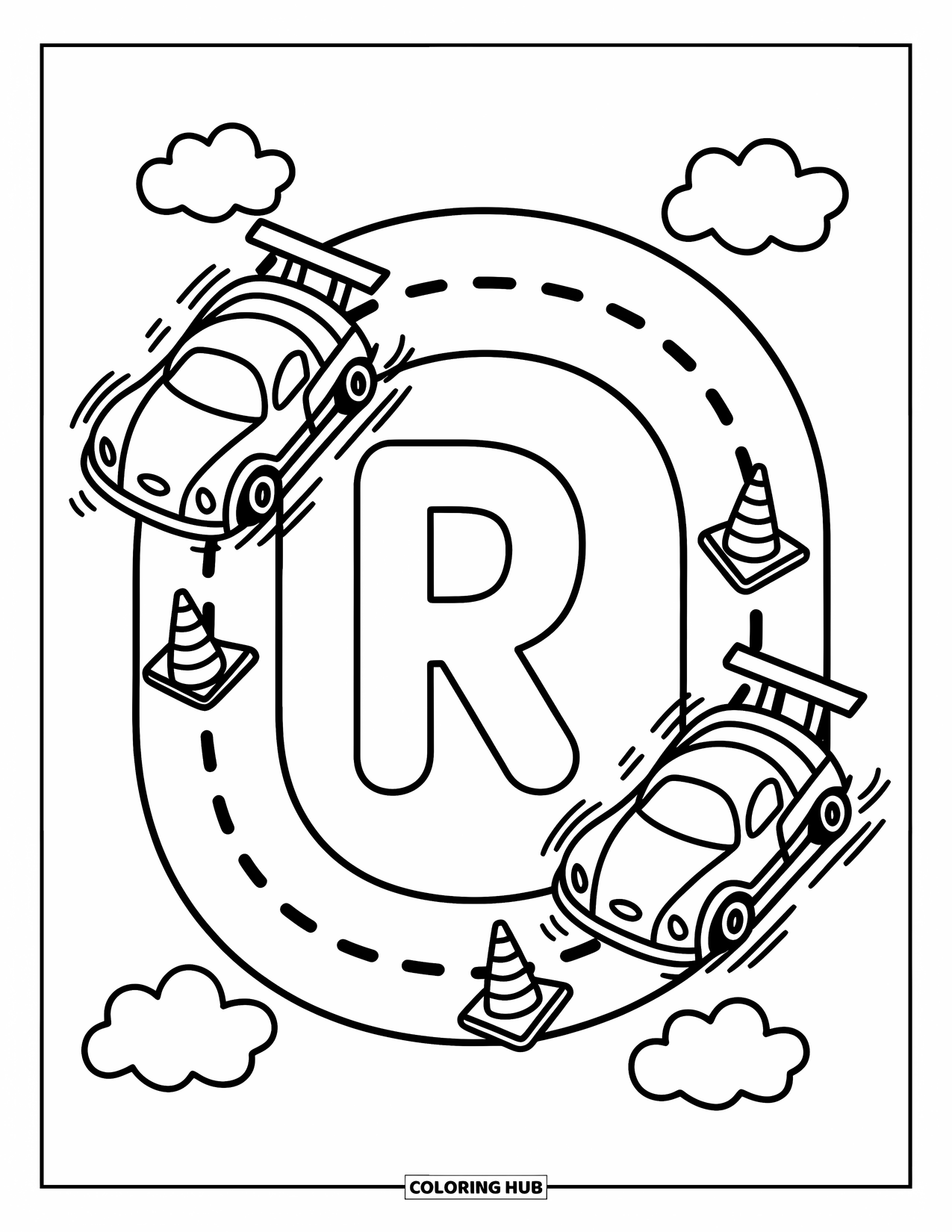 Letter R Coloring Page for Adults: Two cute race cars speed around R with cones and cloud puffs nearby