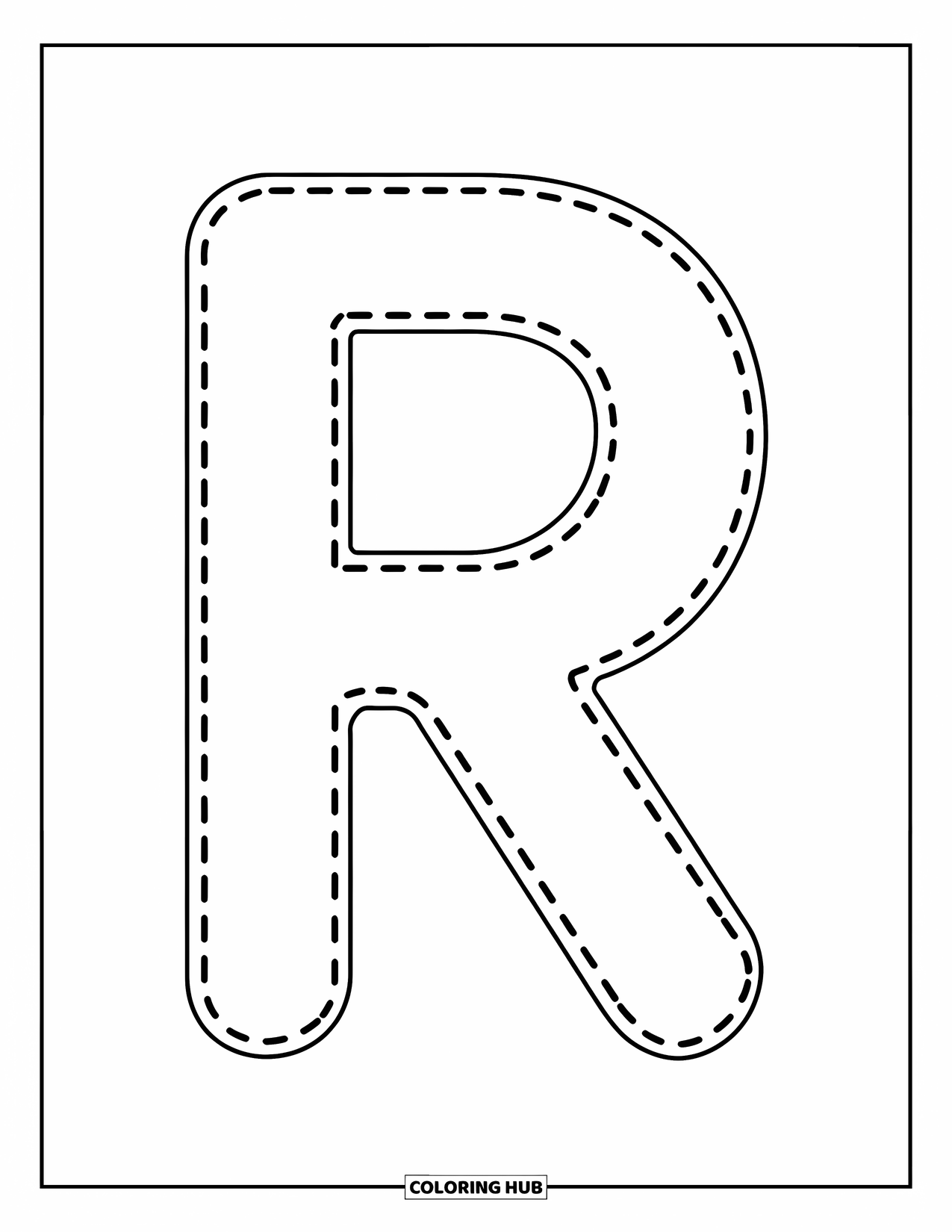 Letter R Coloring Page for Kids: A big dotted letter R helps preschoolers practice tracing with ease