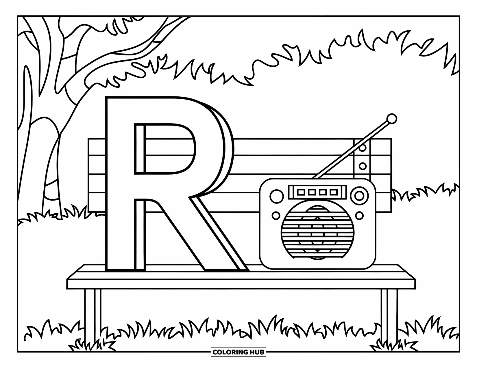 Letter R Coloring Page for Kids: A big letter R and a radio rest on a park bench near a tree
