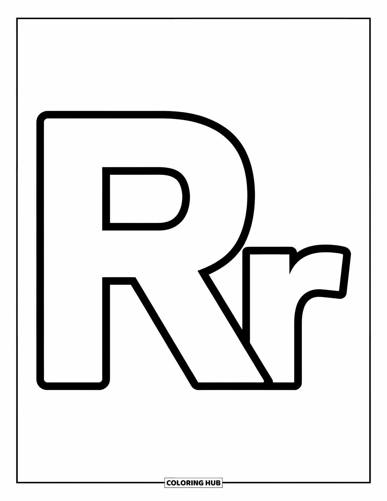 Letter R Coloring Page for Kids: A big R and small r sit side by side with bold outlines