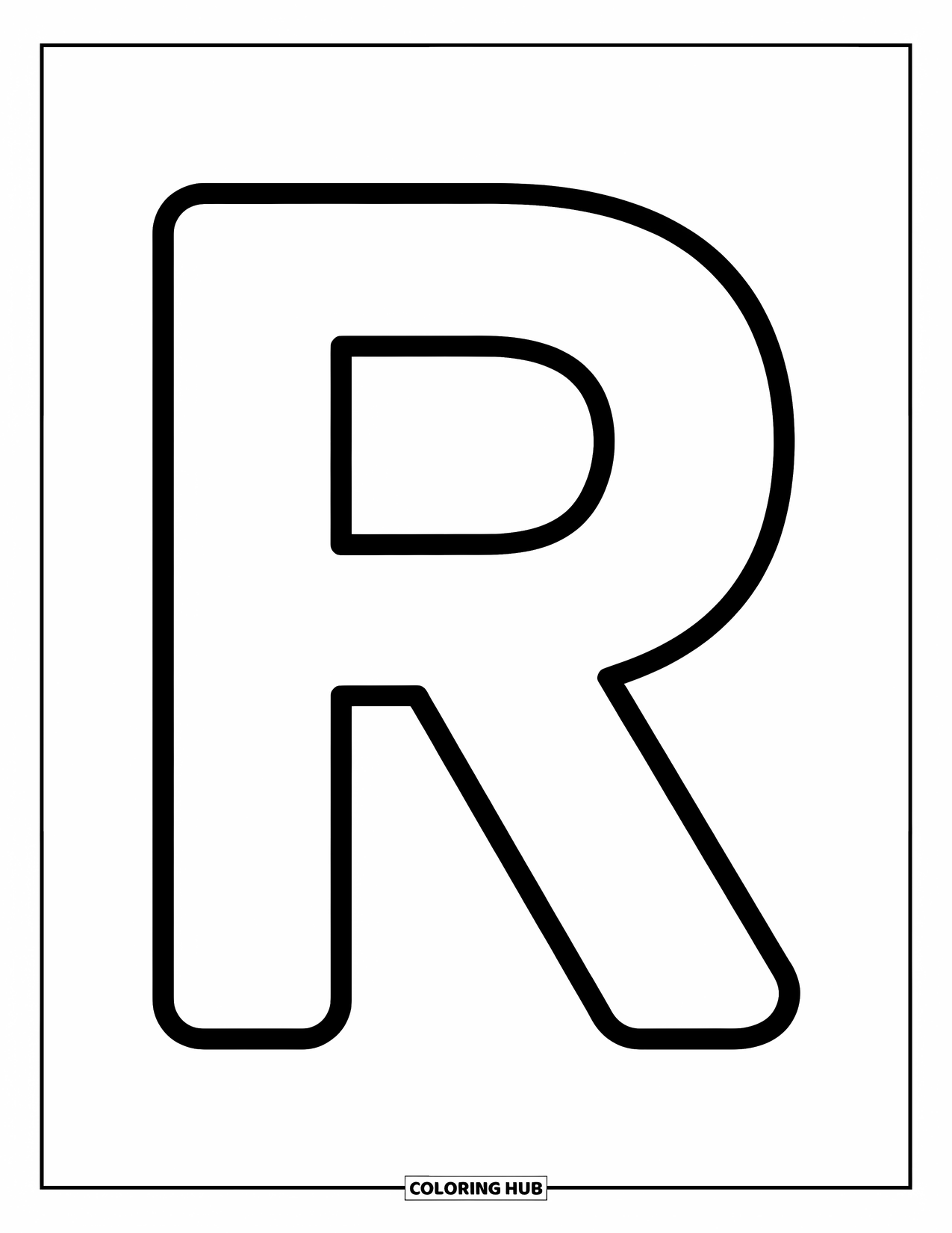 Letter R Coloring Page for Kids: A bold uppercase R with clean lines is perfect for preschoolers to color