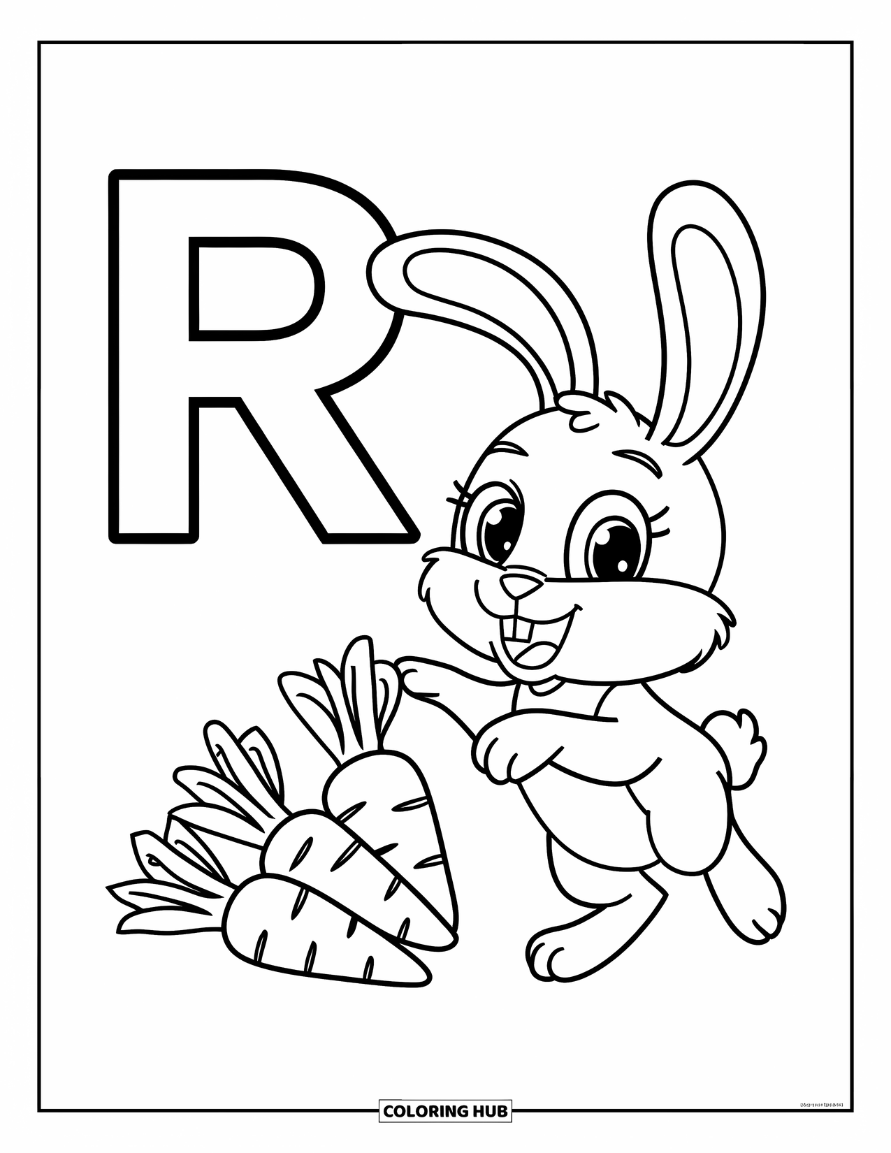 Letter R Coloring Page for Kids: A bunny hops past carrots near a big letter R