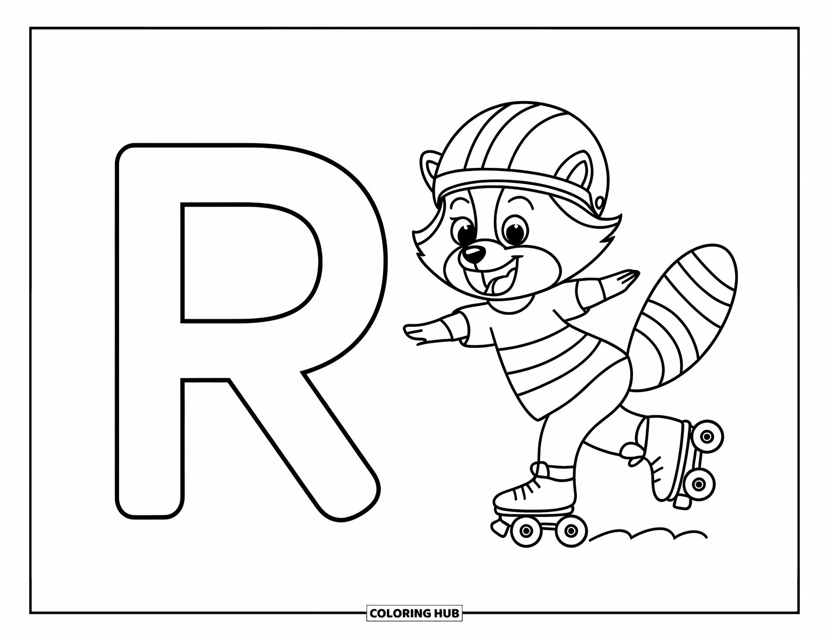 Letter R Coloring Page for Kids: A cheerful raccoon in skates glides near uppercase R and lowercase r