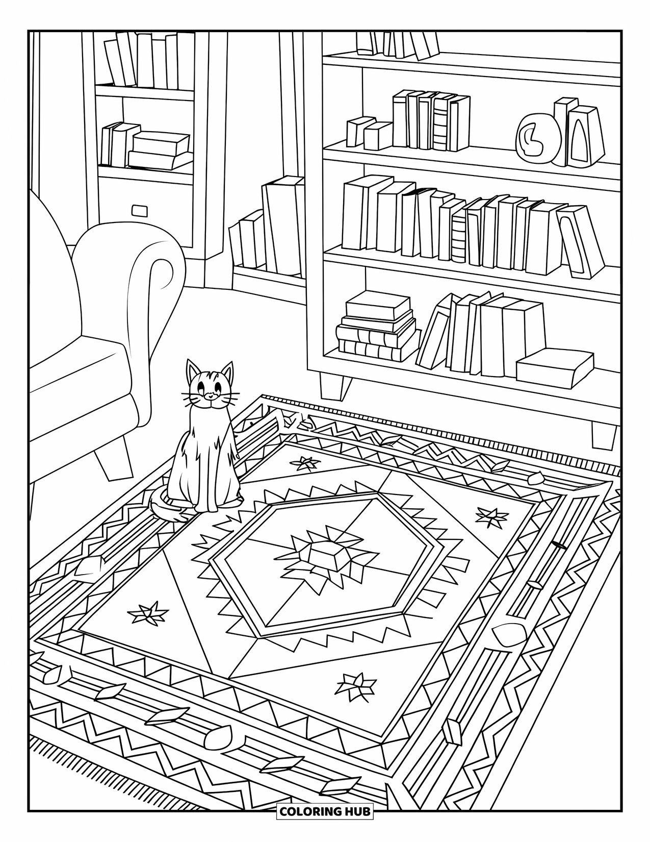 Letter R Coloring Page for Kids: A cozy corner with a patchwork rug, sitting cat, and bookshelf of treasures