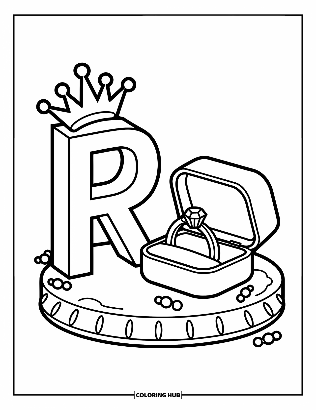 Letter R Coloring Page for Kids: A crowned letter R stands beside a jewelry box on a decorated pedestal
