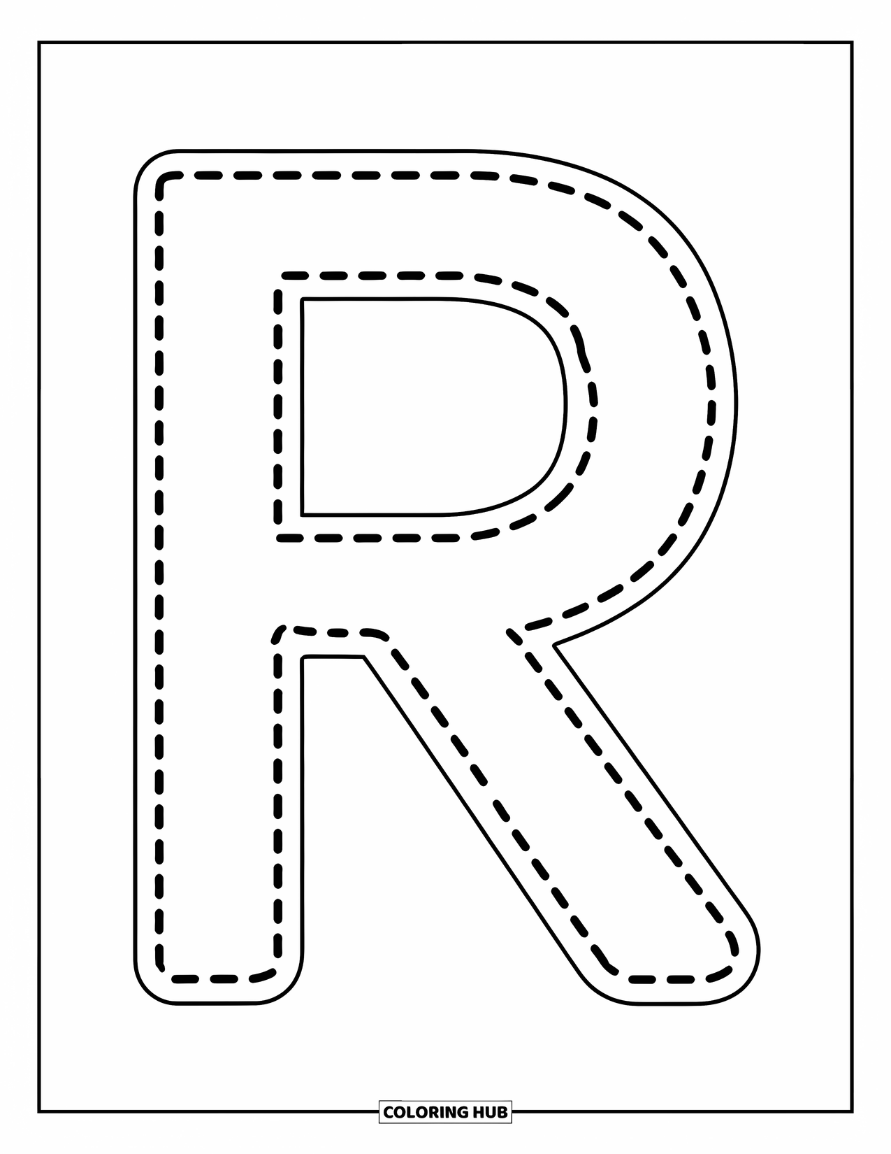 Letter R Coloring Page for Kids: A dotted uppercase R is ready for little hands to trace