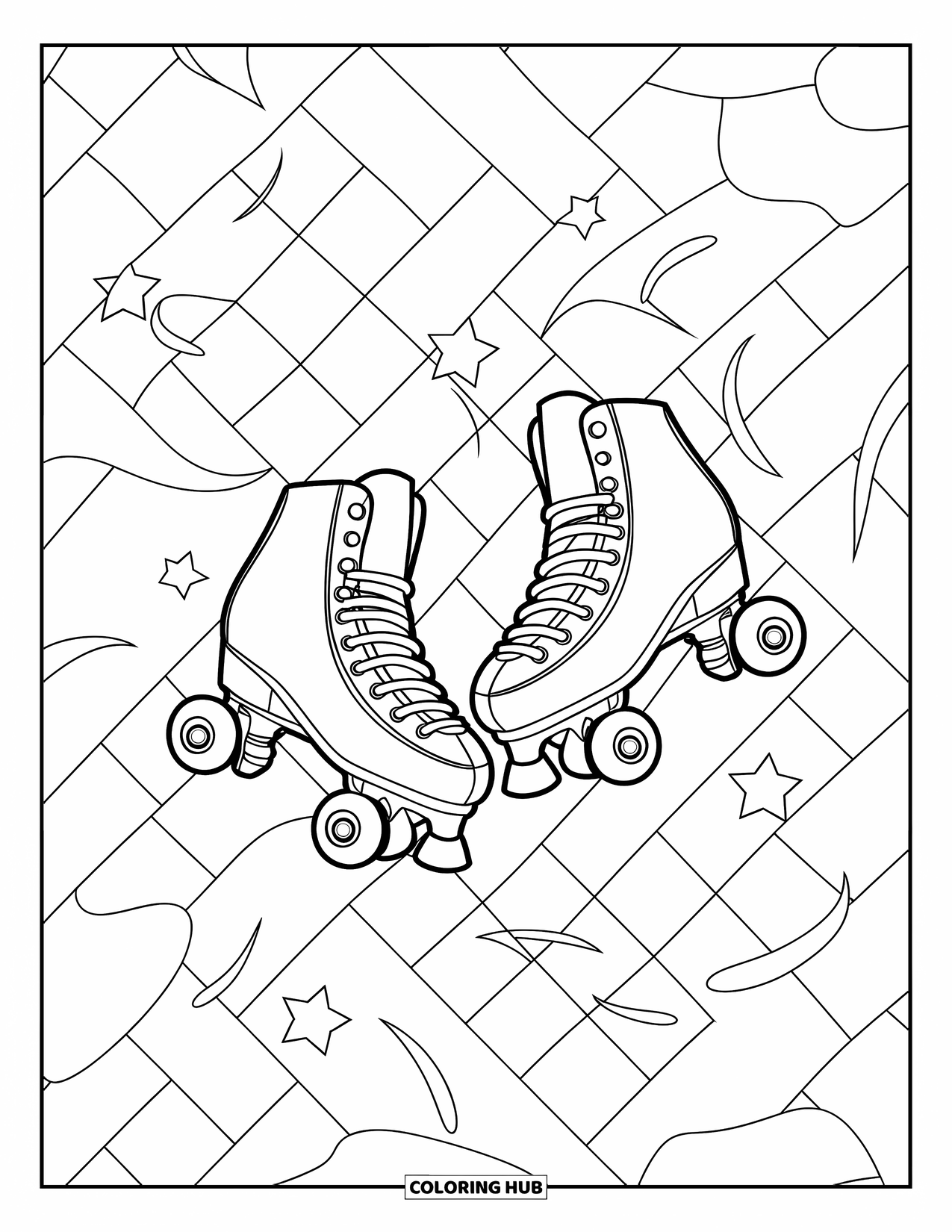 Letter R Coloring Page for Kids: A fun skate scene with stars and motion lines on a checkered floor