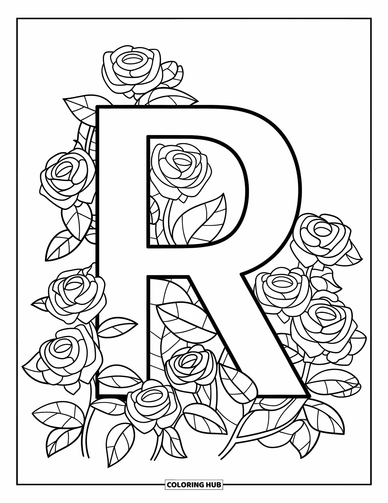 Letter R Coloring Page for Kids: A garden of roses surrounds a big letter R