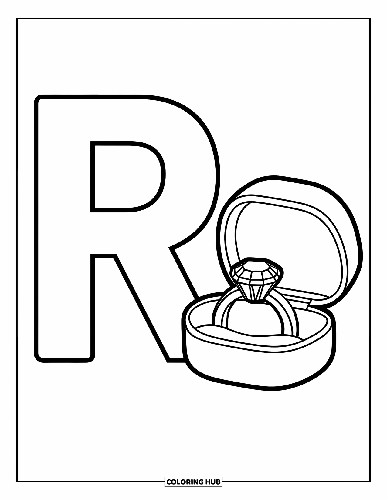 Letter R Coloring Page for Kids: A gemstone ring sparkles in a jewelry box next to a large letter R