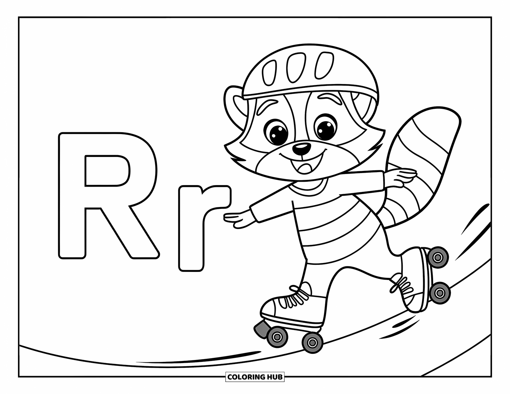 Letter R Coloring Page for Kids: A happy raccoon skates by R and r wearing stripes and a helmet
