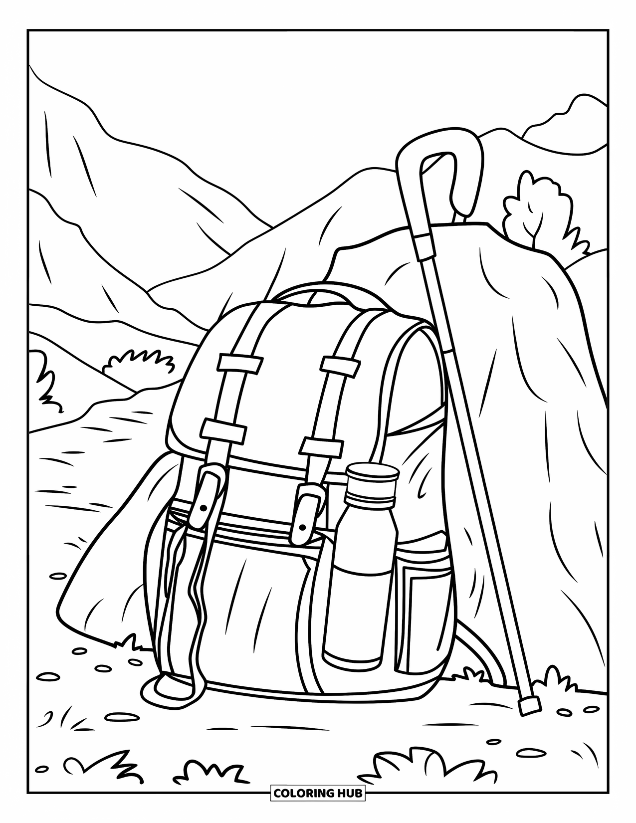 Letter R Coloring Page for Kids: A mountain trail scene with a rucksack, thermos, and leaning walking stick
