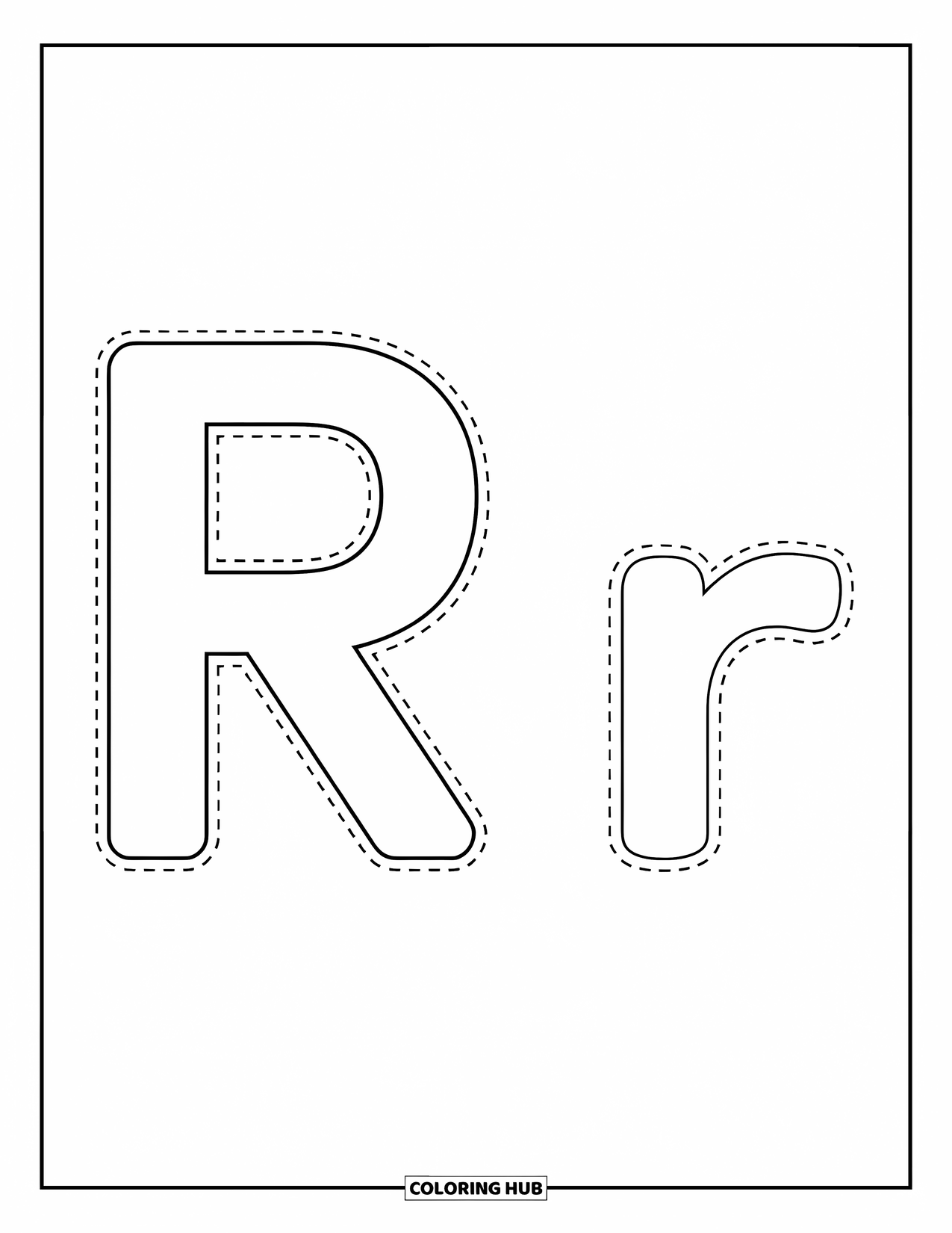 Letter R Coloring Page for Kids: A preschool-friendly R and r in dotted style await tracing