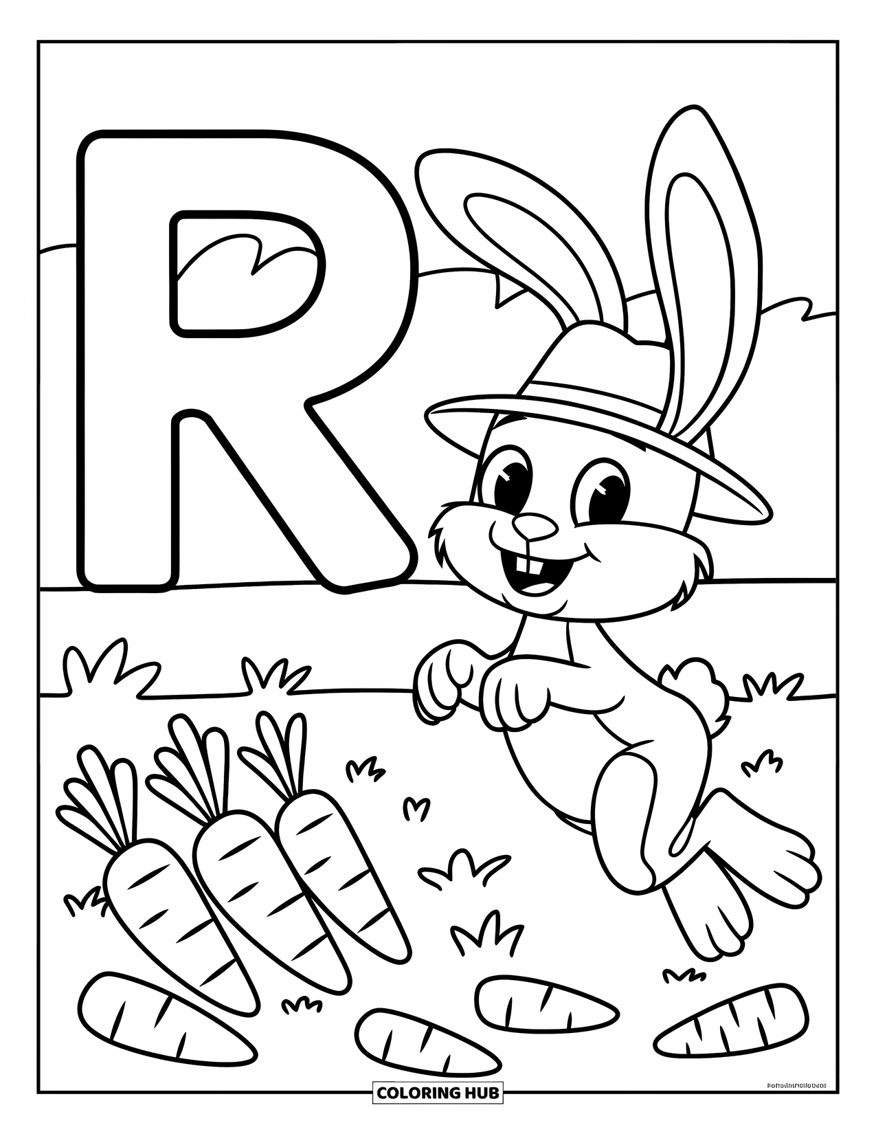 Letter R Coloring Page for Kids: A rabbit in a hat hops past carrots near the letter R