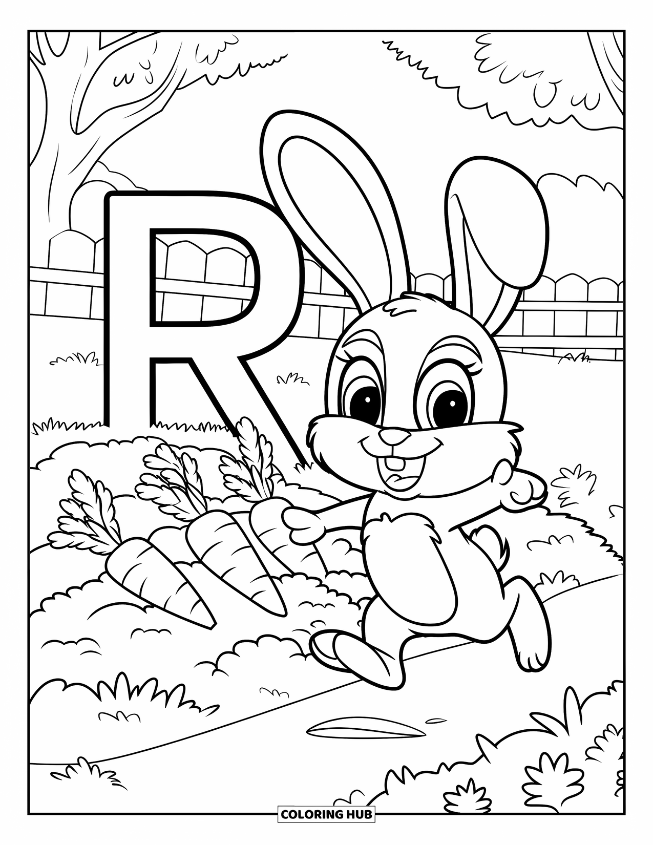 Letter R Coloring Page for Kids: A rabbit wearing a hat hops by carrots with the letter R behind