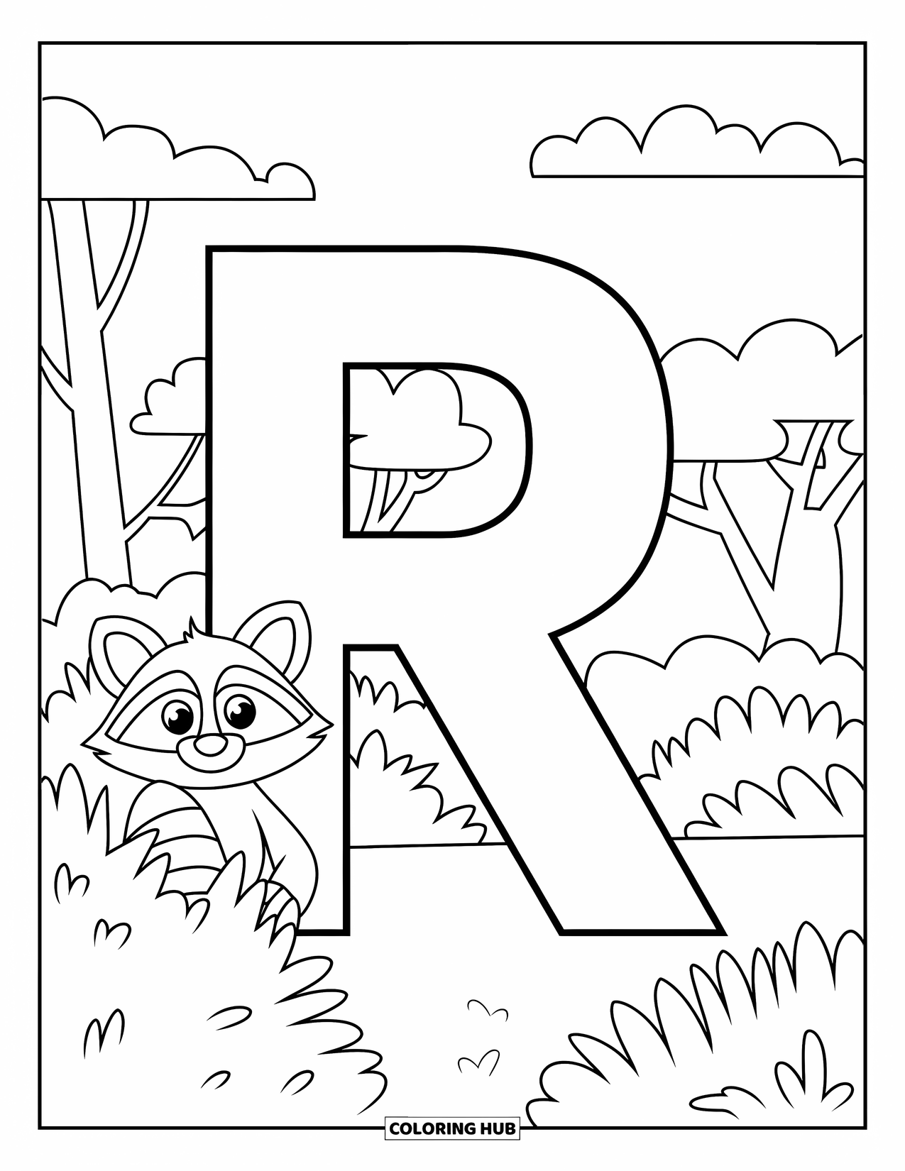 Letter R Coloring Page for Kids: A raccoon peeks from a bush near a big letter R and cloudy sky