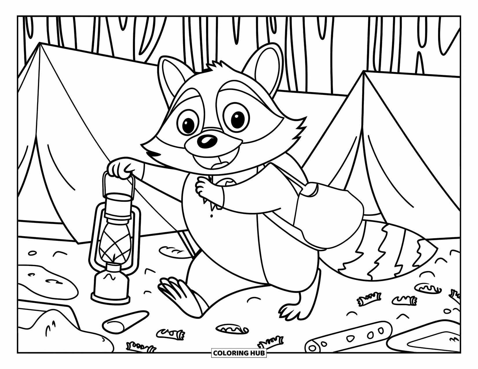 Letter R Coloring Page for Kids: A raccoon with a lantern searches for snacks around tents in the forest