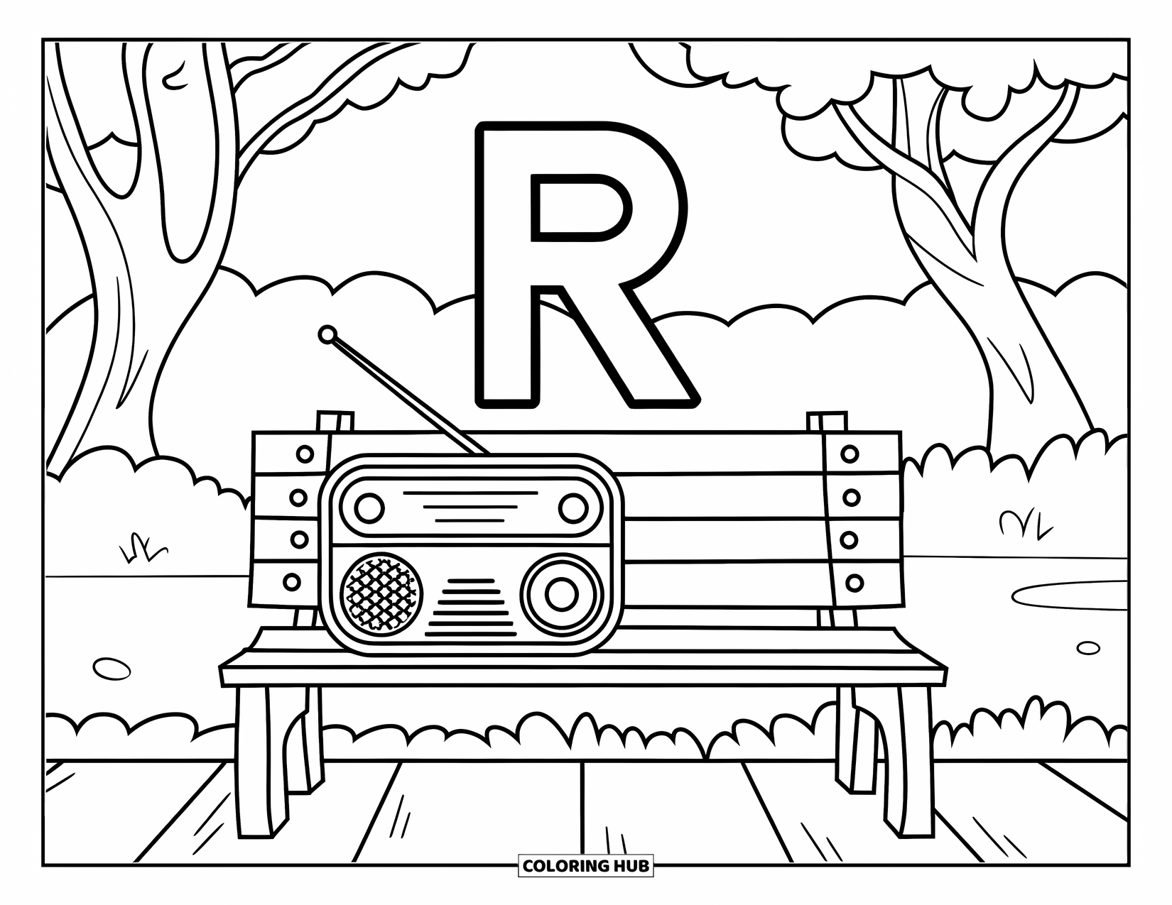 Letter R Coloring Page for Kids: A radio and letter R sit together on a bench in a peaceful park