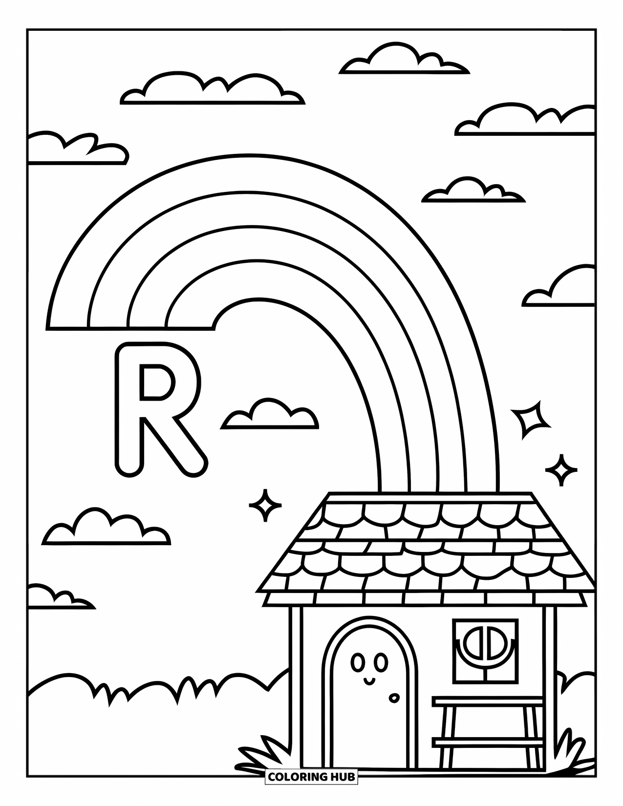 Letter R Coloring Page for Kids: A rainbow arches above a cottage while the letter R floats nearby