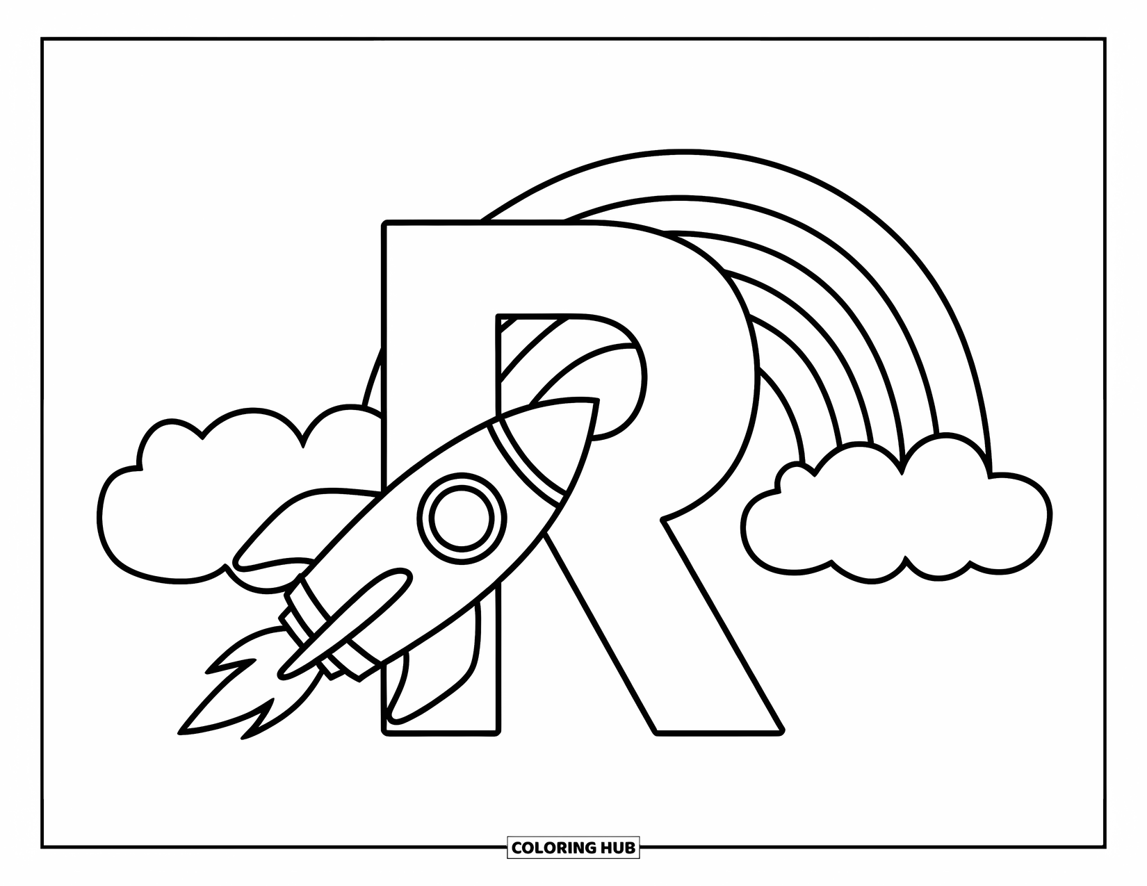 Letter R Coloring Page for Kids: A rocket blasts off from R with a rainbow floating overhead