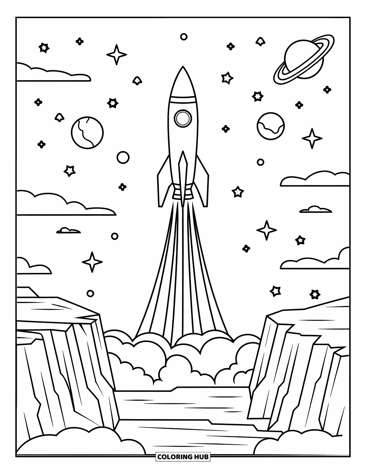 Letter R Coloring Page for Kids: A rocket lifts off from a cliff, surrounded by stars and distant planets
