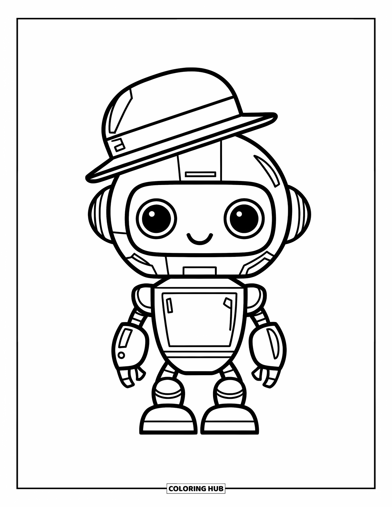 Letter R Coloring Page for Kids: A round-headed robot with a hat stands on a base, ready for fun