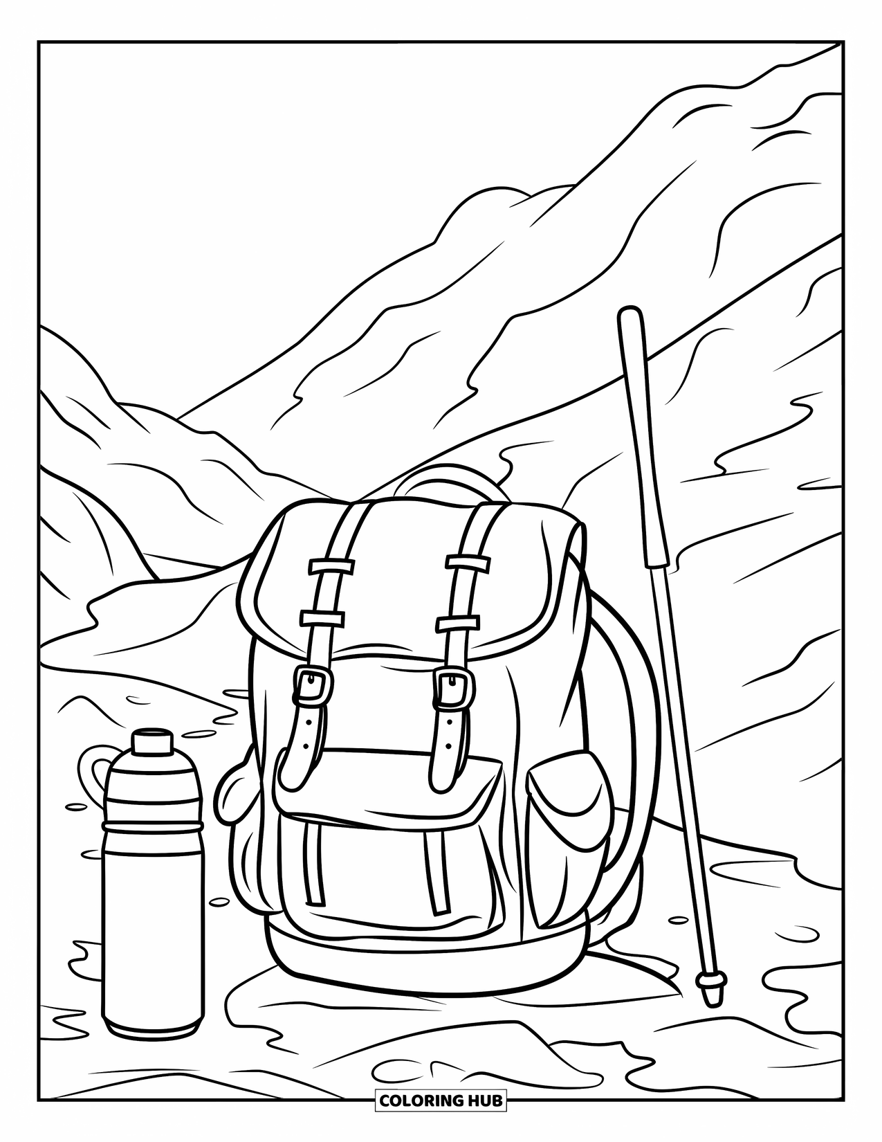 Letter R Coloring Page for Kids: A rucksack and thermos lean by a rock on a winding mountain trail