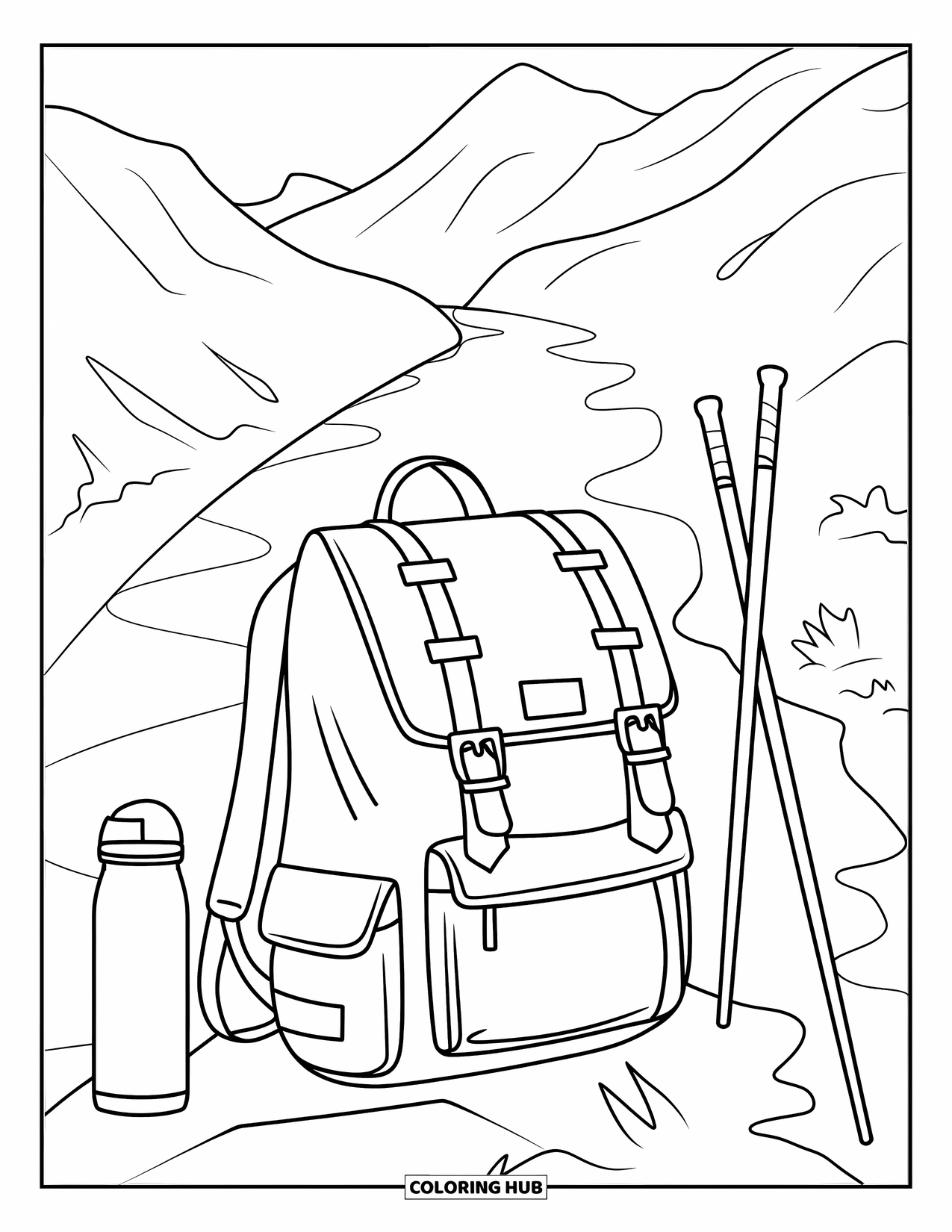 Letter R Coloring Page for Kids: A rucksack, thermos, and walking stick rest beside a rock on a mountain trail