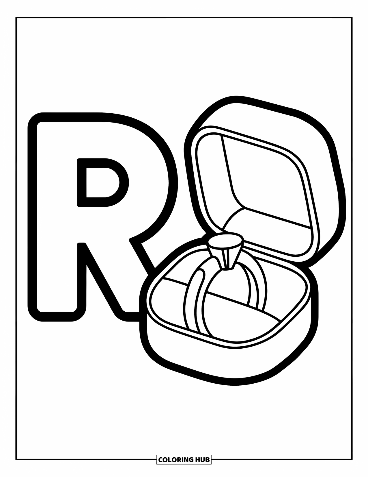 Letter R Coloring Page for Kids: A shiny ring rests inside a jewelry box beside a bold letter R