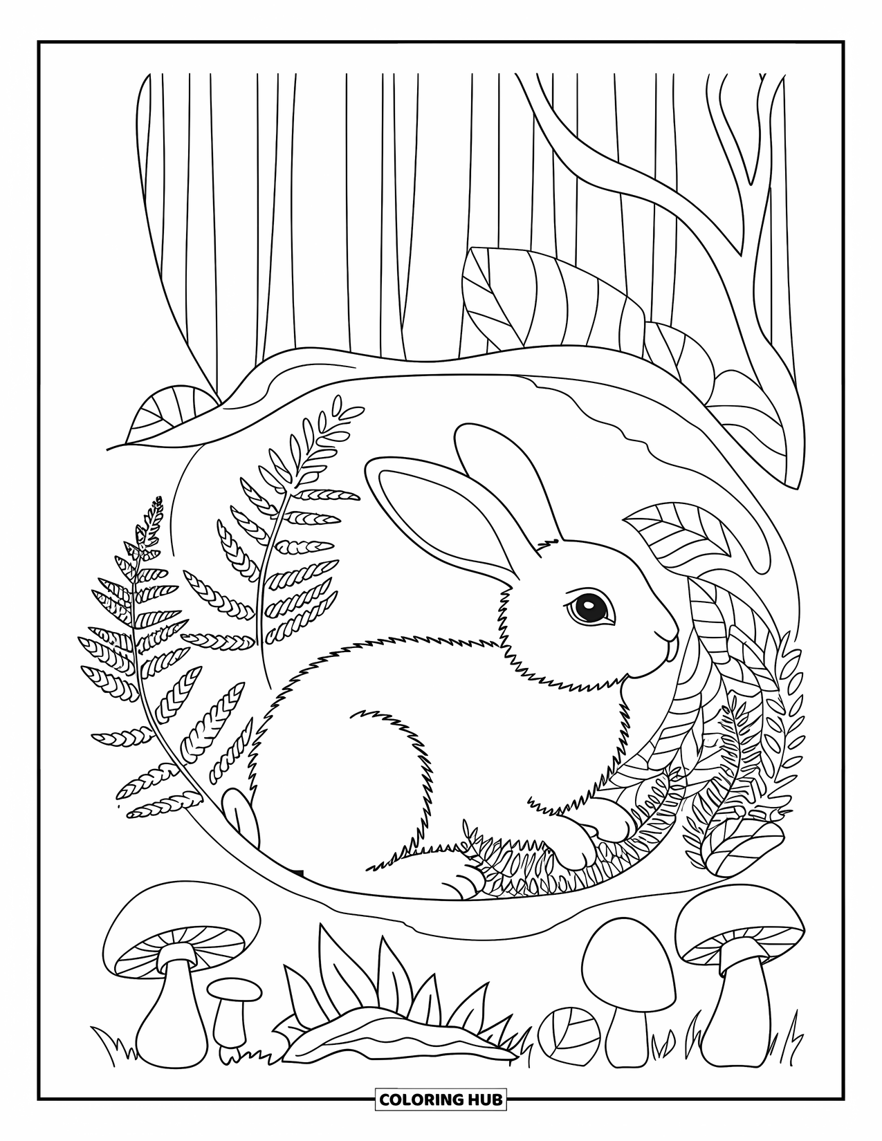 Letter R Coloring Page for Kids: A sleepy rabbit rests on a log in a forest nook with mushrooms and ferns