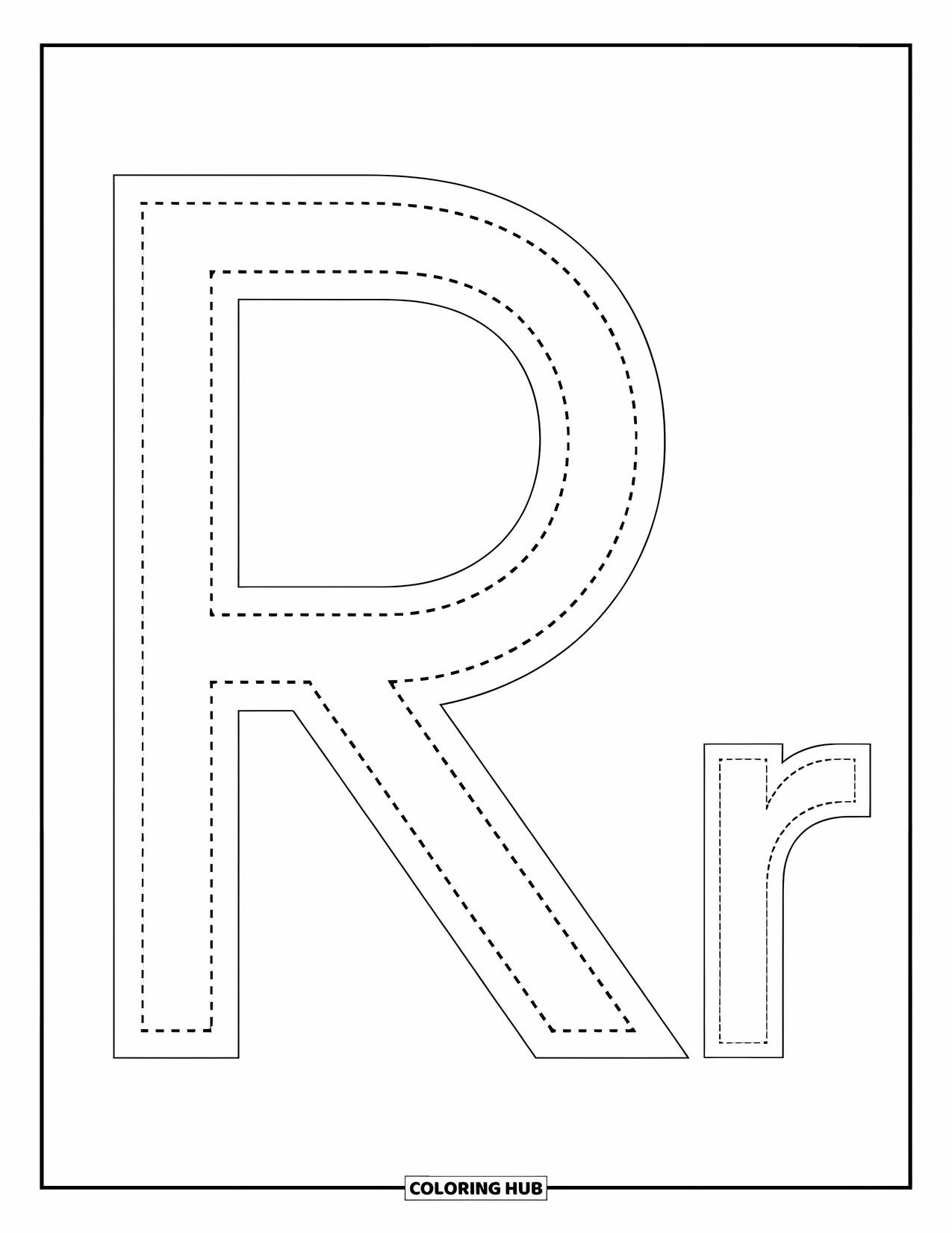 Letter R Coloring Page for Kids: Big and small dotted R letters help preschoolers trace with ease