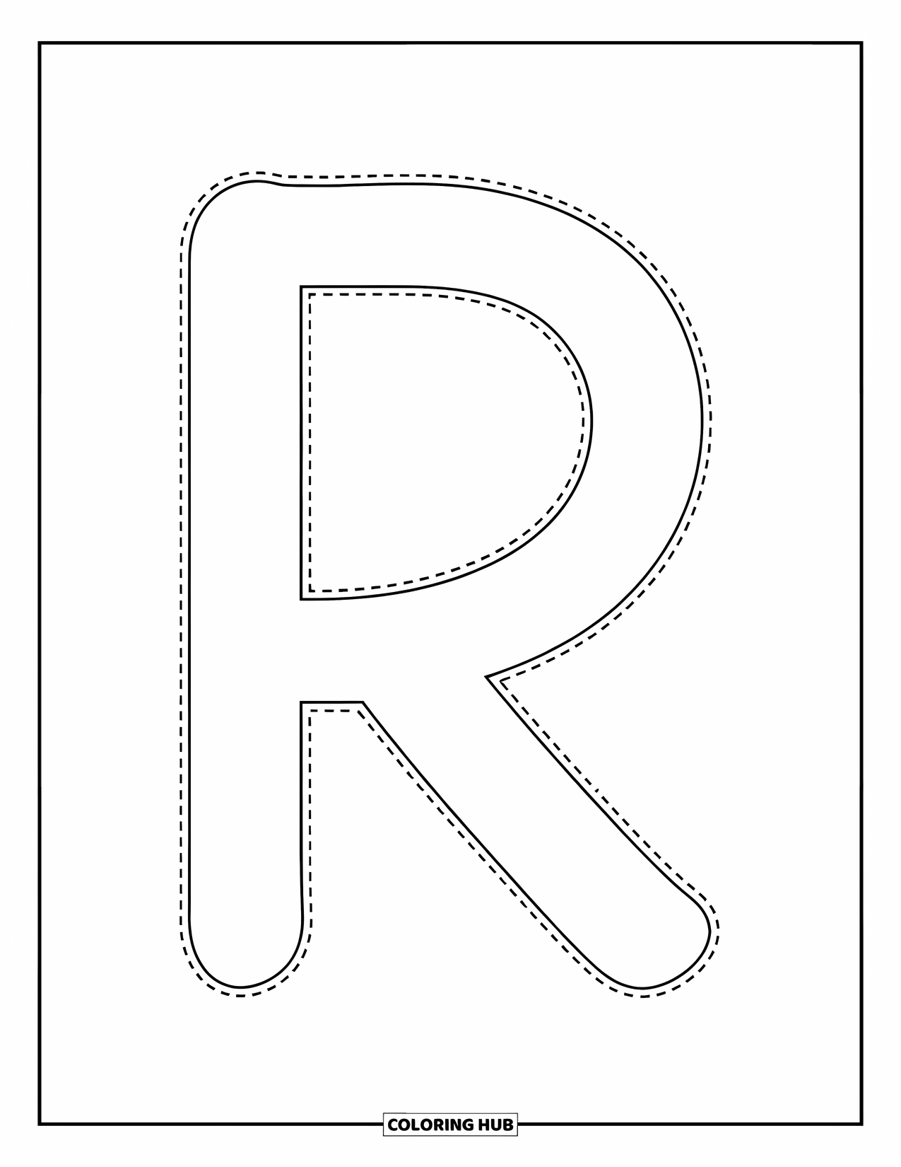 Letter R Coloring Page for Kids: Dotted lines shape the small r for fun preschool tracing