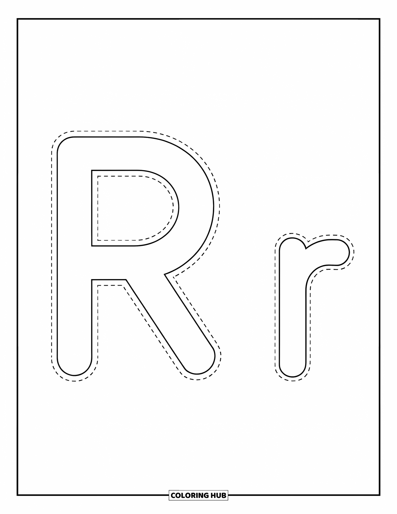 Letter R Coloring Page for Kids: Dotted R and r sit side by side for tracing fun