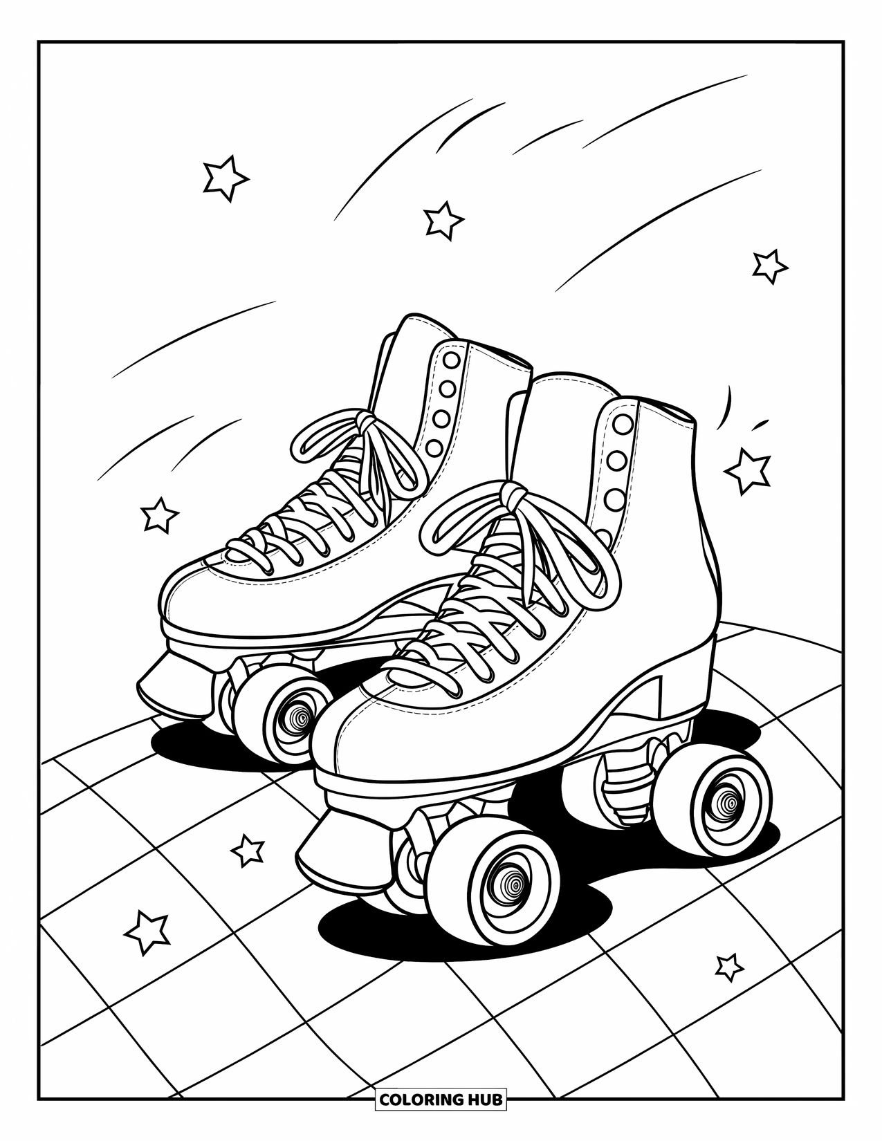 Letter R Coloring Page for Kids: Roller skates rest on a checkered floor with scattered stars and motion lines