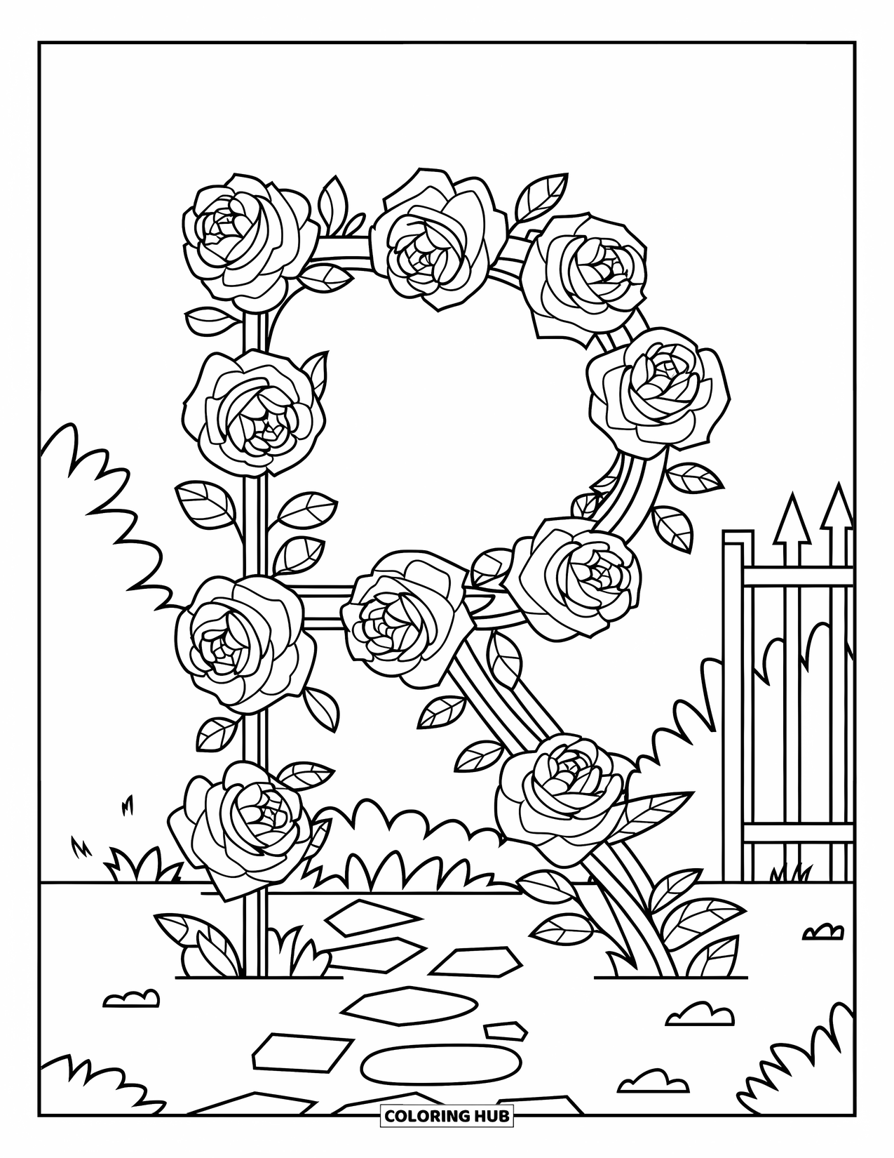 Letter R Coloring Page for Kids: Roses bloom around a large R near a stone path and garden gate