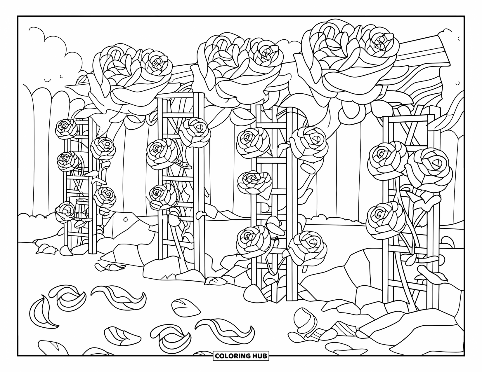 Letter R Coloring Page for Kids: Roses in full bloom curl around trellises with scattered petals on the ground