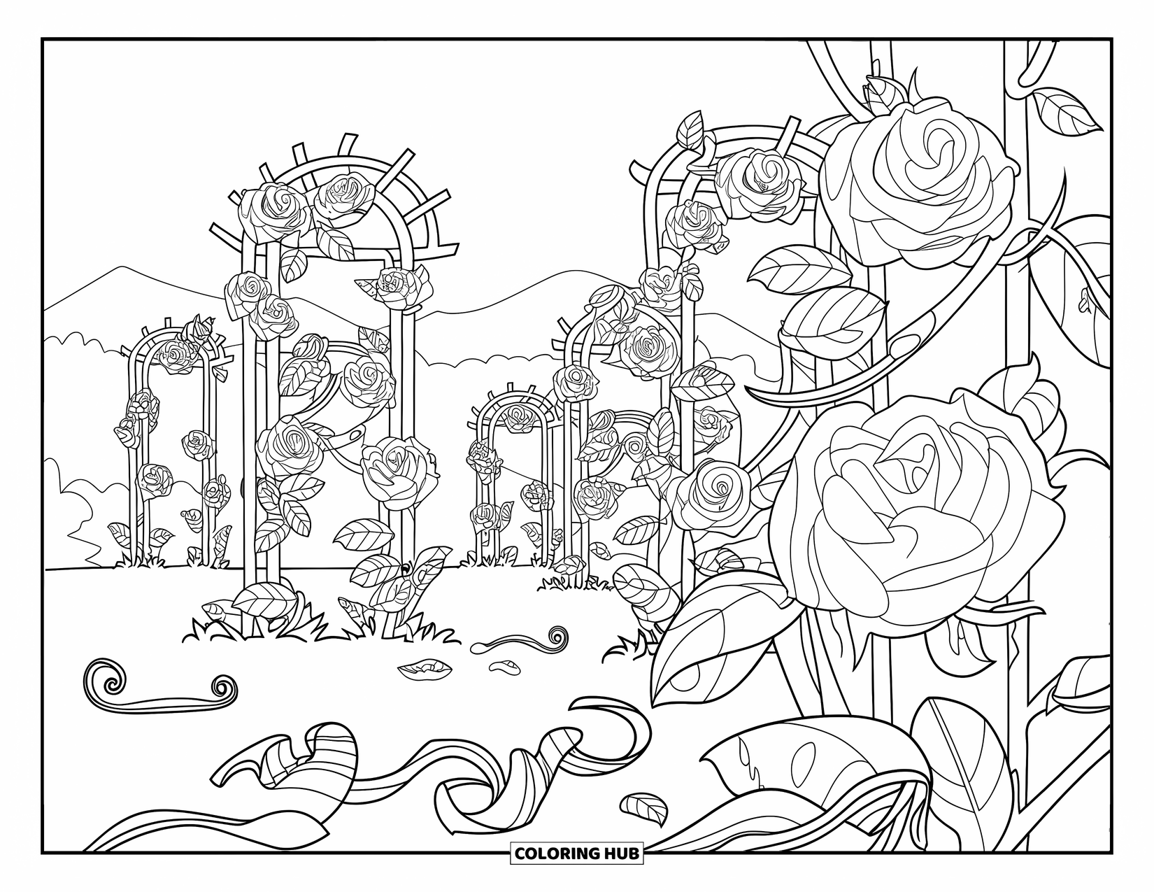 Letter R Coloring Page for Kids: Tall roses bloom beside trellises with petals scattered across a peaceful garden