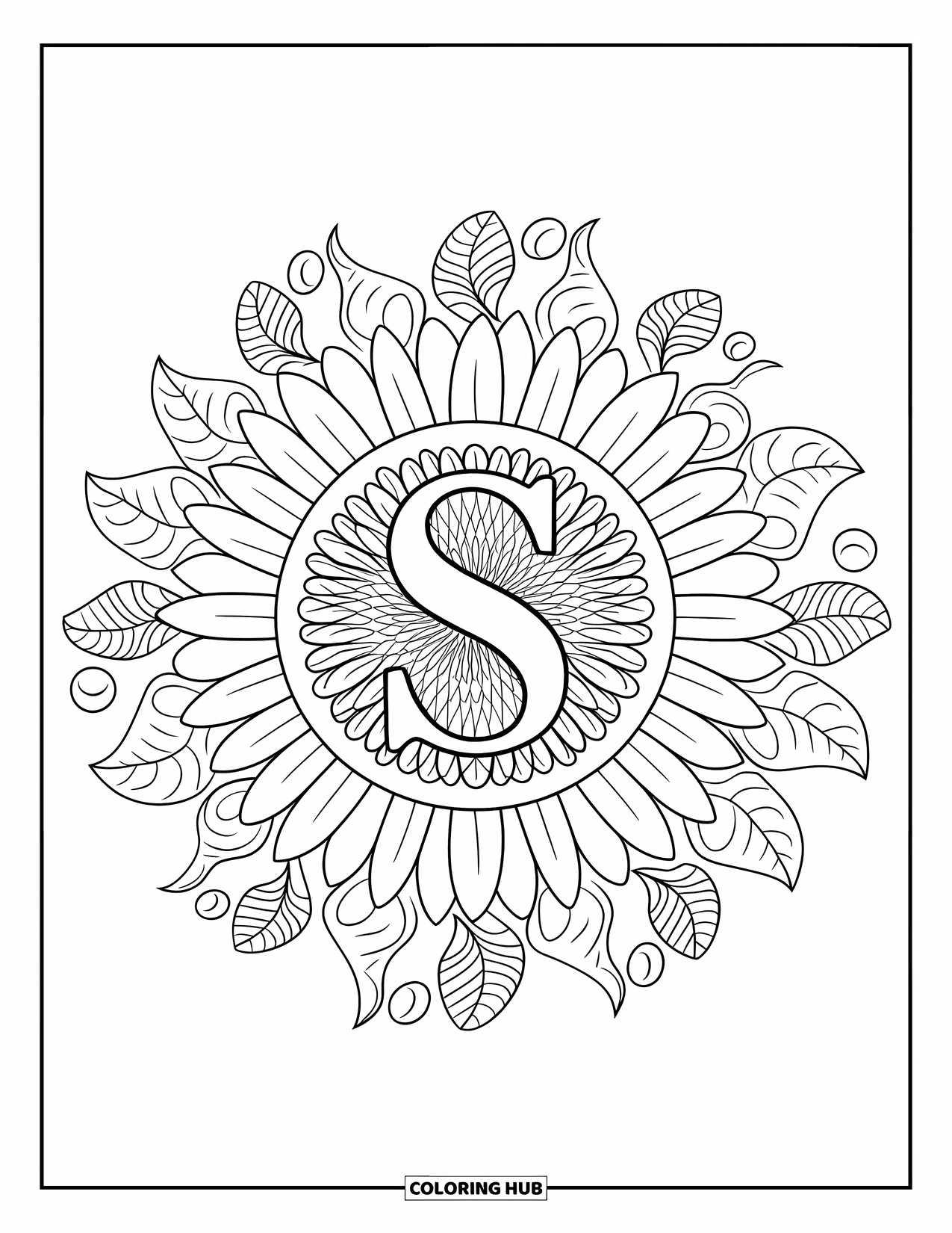 Letter S Coloring Page for Adults: A bold "S" sits in the center of a sunflower mandala with gentle swirls