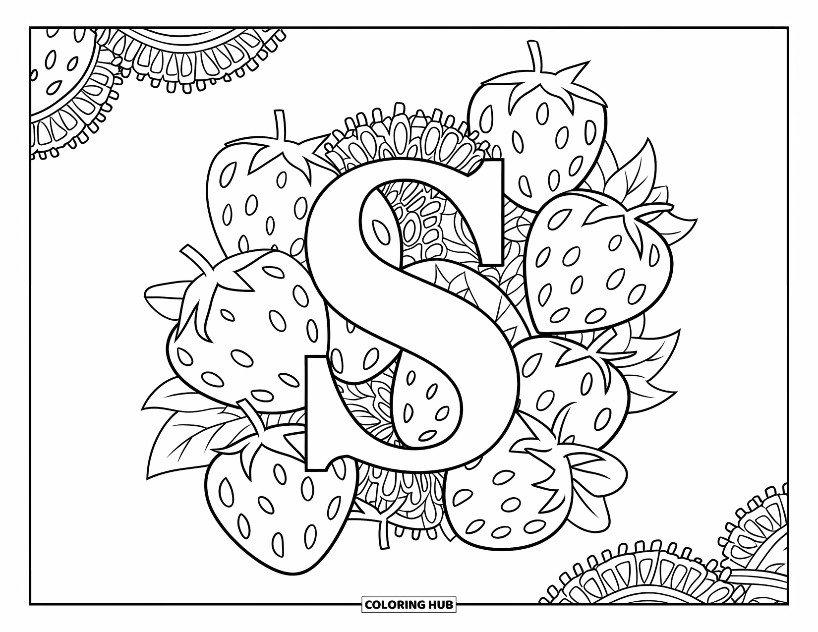 Letter S Coloring Page for Adults: A bold "S" surrounded by strawberries, leaves, and floral lace patterns