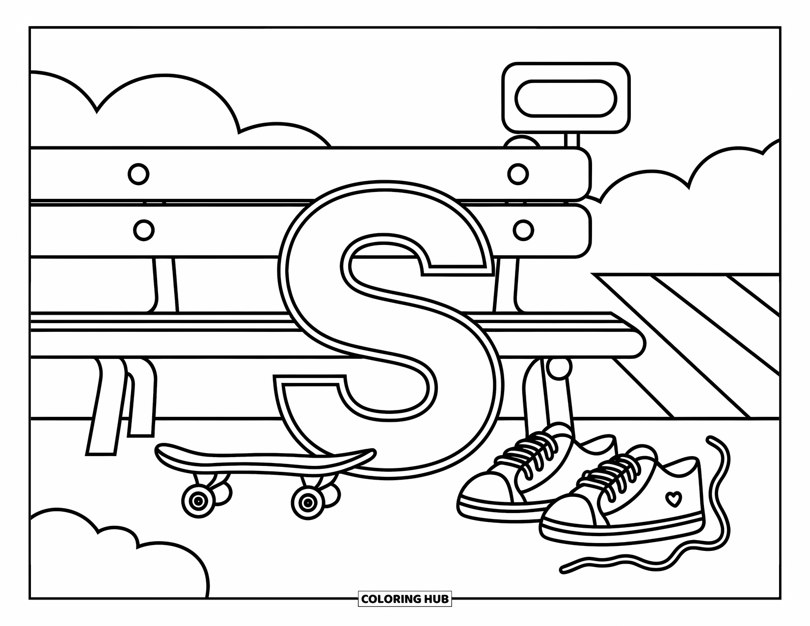 Letter S Coloring Page for Adults: A cozy park scene with letter ìS,î a skateboard, sneakers, and a tiny sign