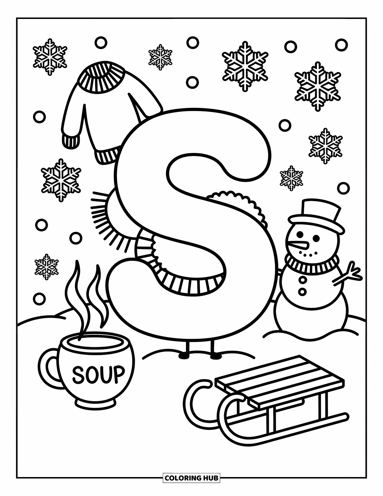Letter S Coloring Page for Adults: A cozy winter ìSî with scarf, snowflakes, sled, sweater, and a steaming soup